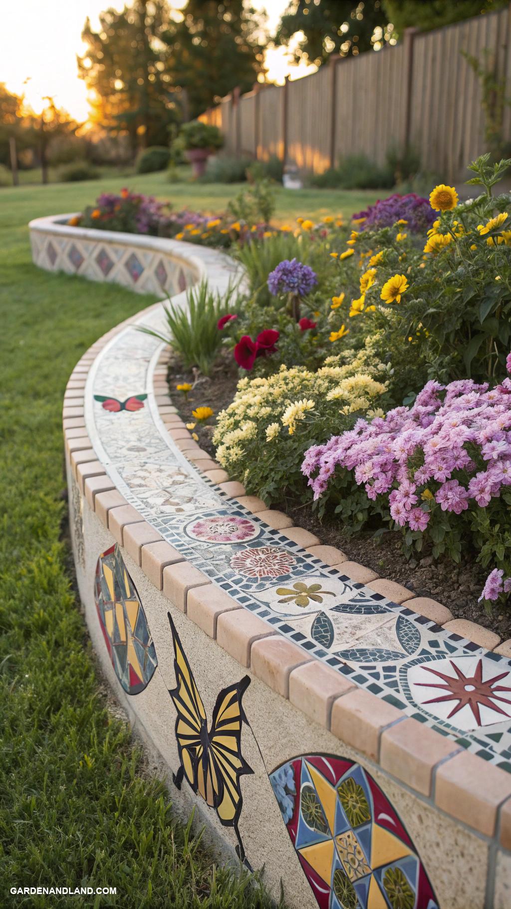 garden bed edging Mosaic tiles for artistic flair
