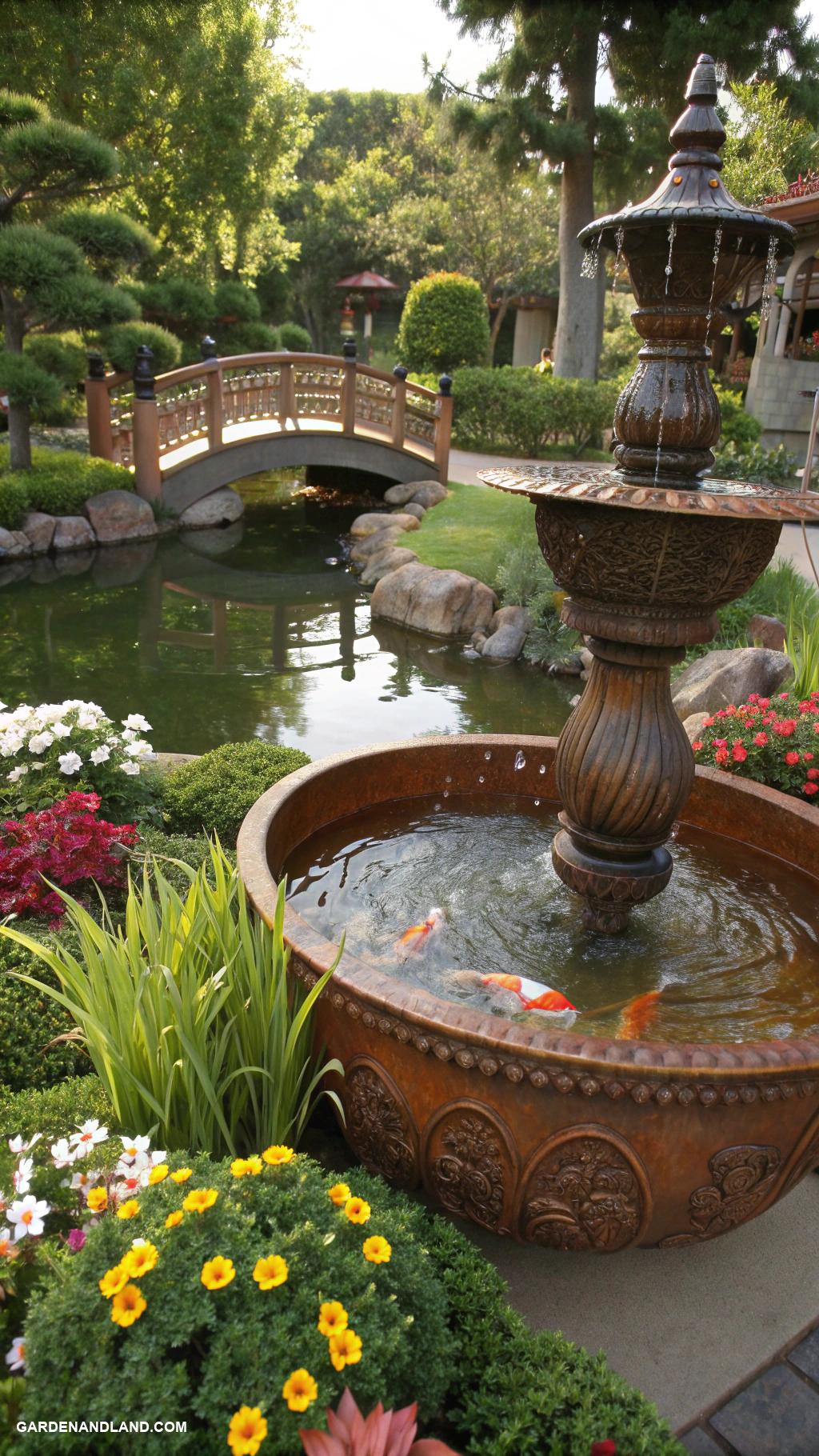 garden fountain ideas Copper basin fountain with koi fish