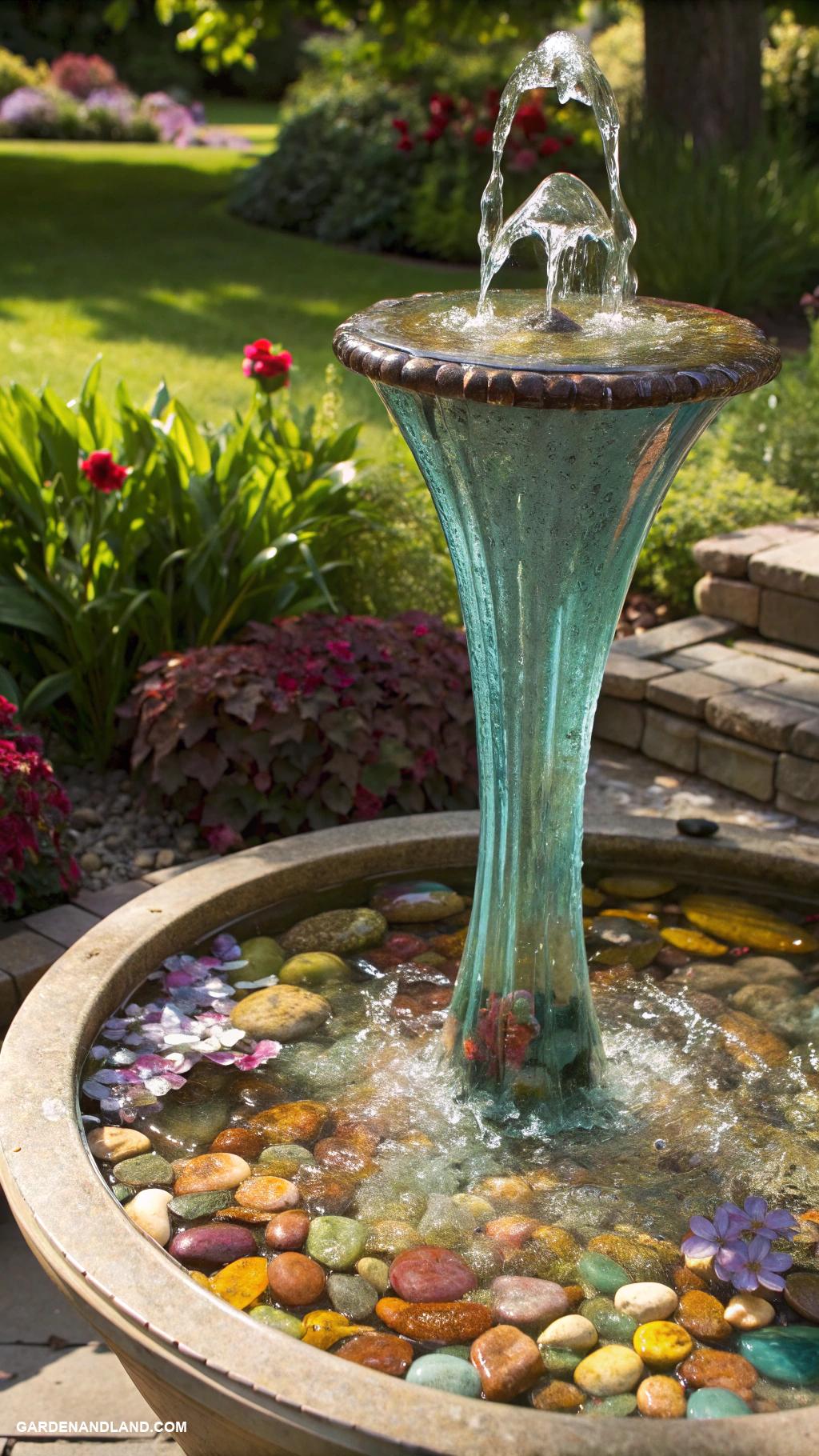 garden fountain ideas Glass vase fountain with colorful stones