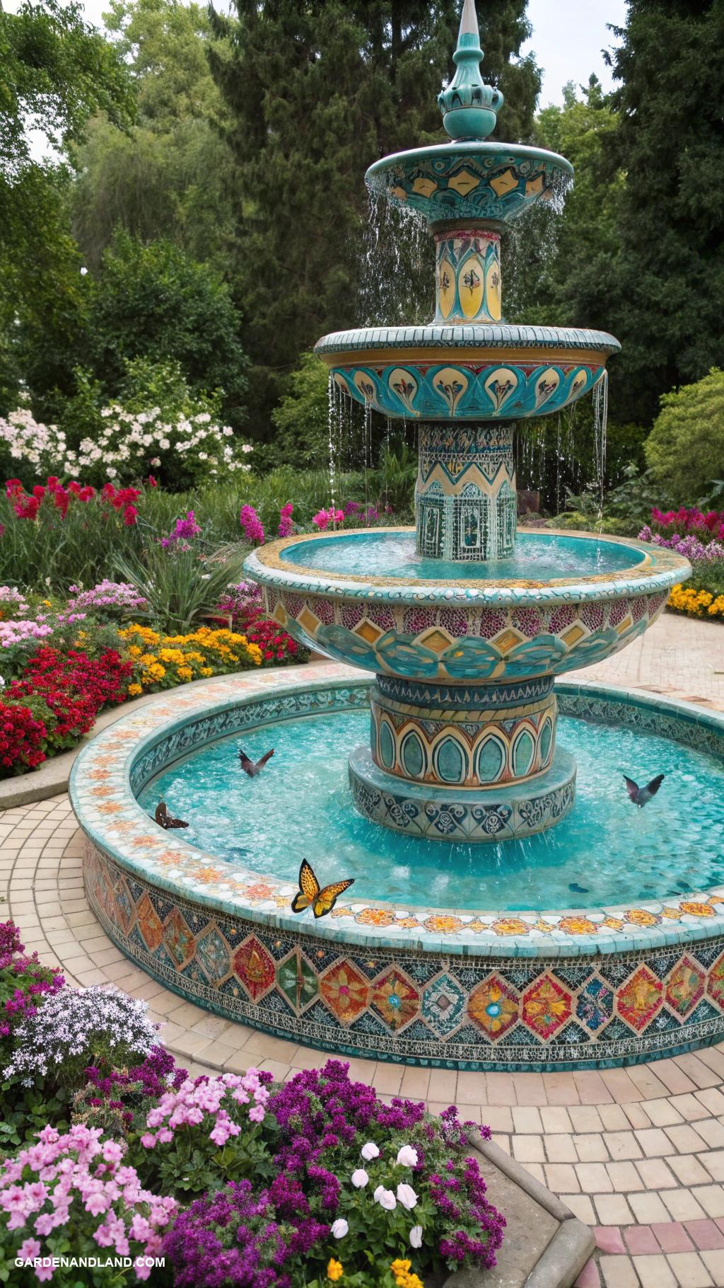 garden fountain ideas Mosaic tiled fountain with vibrant colors