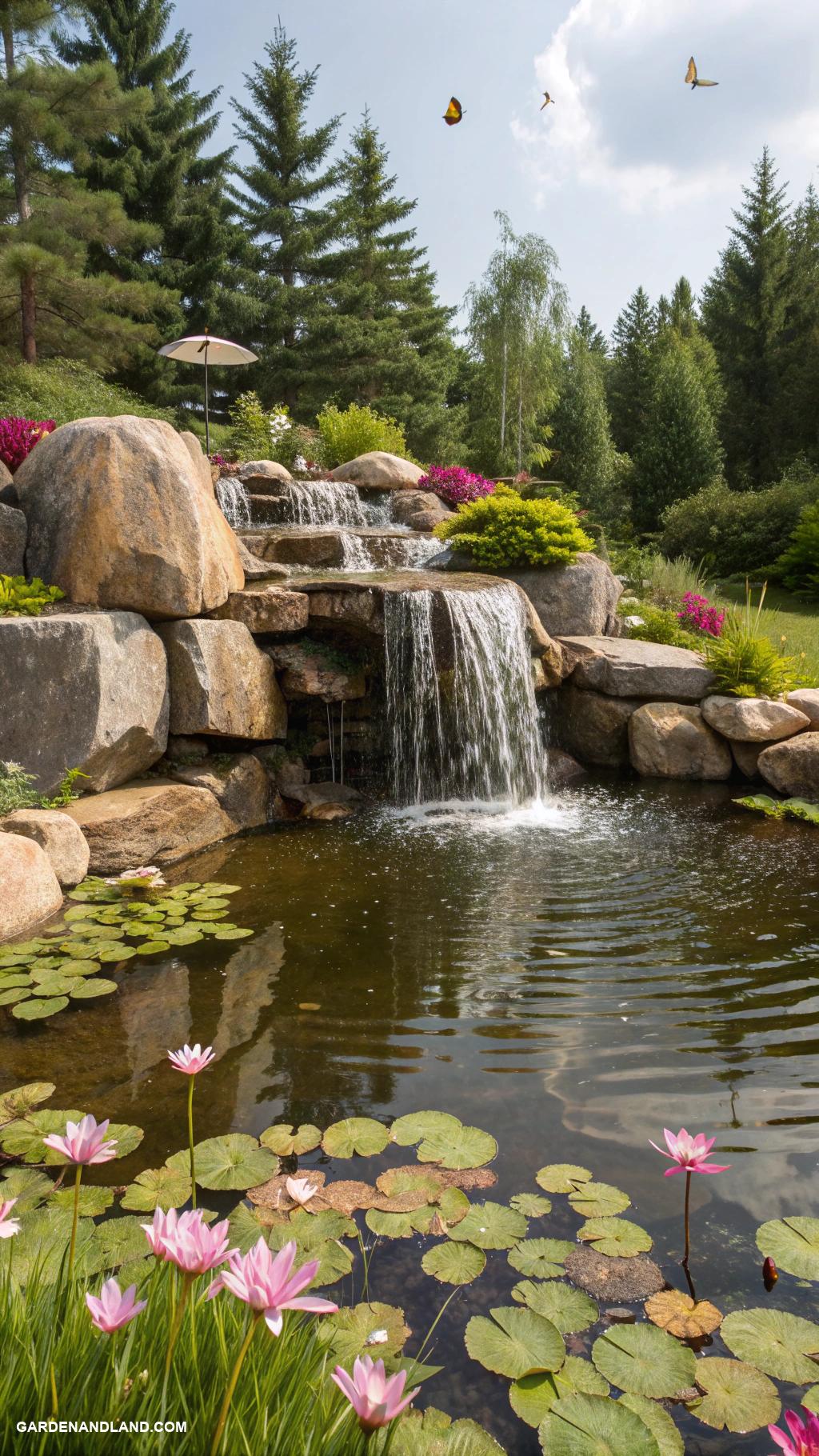 garden fountain ideas Natural rock waterfall with pond