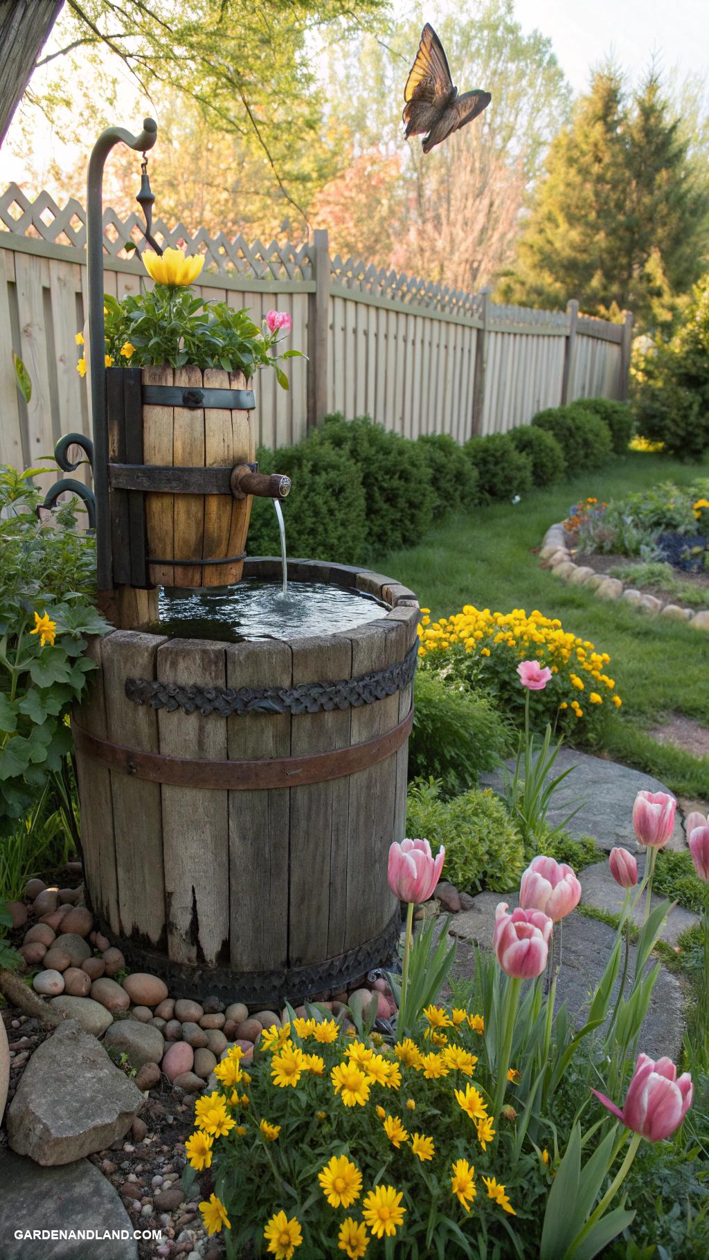 garden fountain ideas Rustic wooden barrel fountain