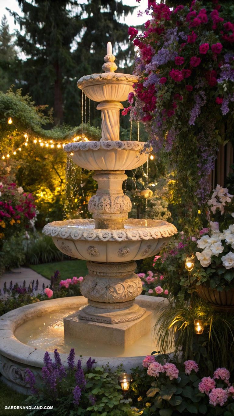 garden fountain ideas Tiered stone fountain with ambient lighting