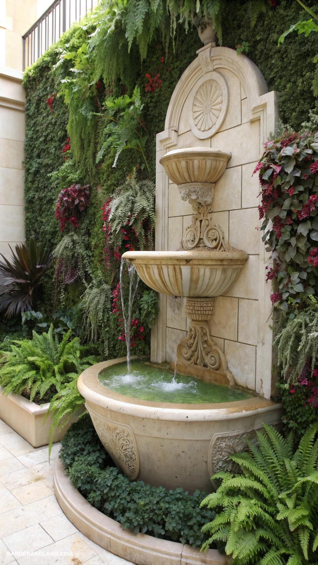 garden fountain ideas Wall mounted fountain with vertical garden