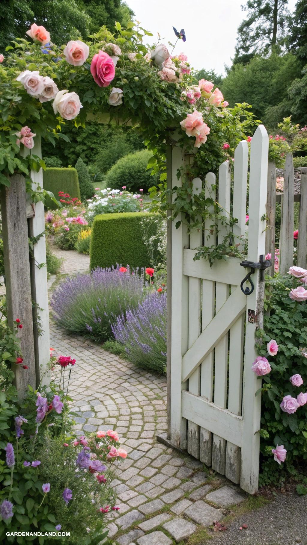 garden gates Cottage style picket gate with floral accents
