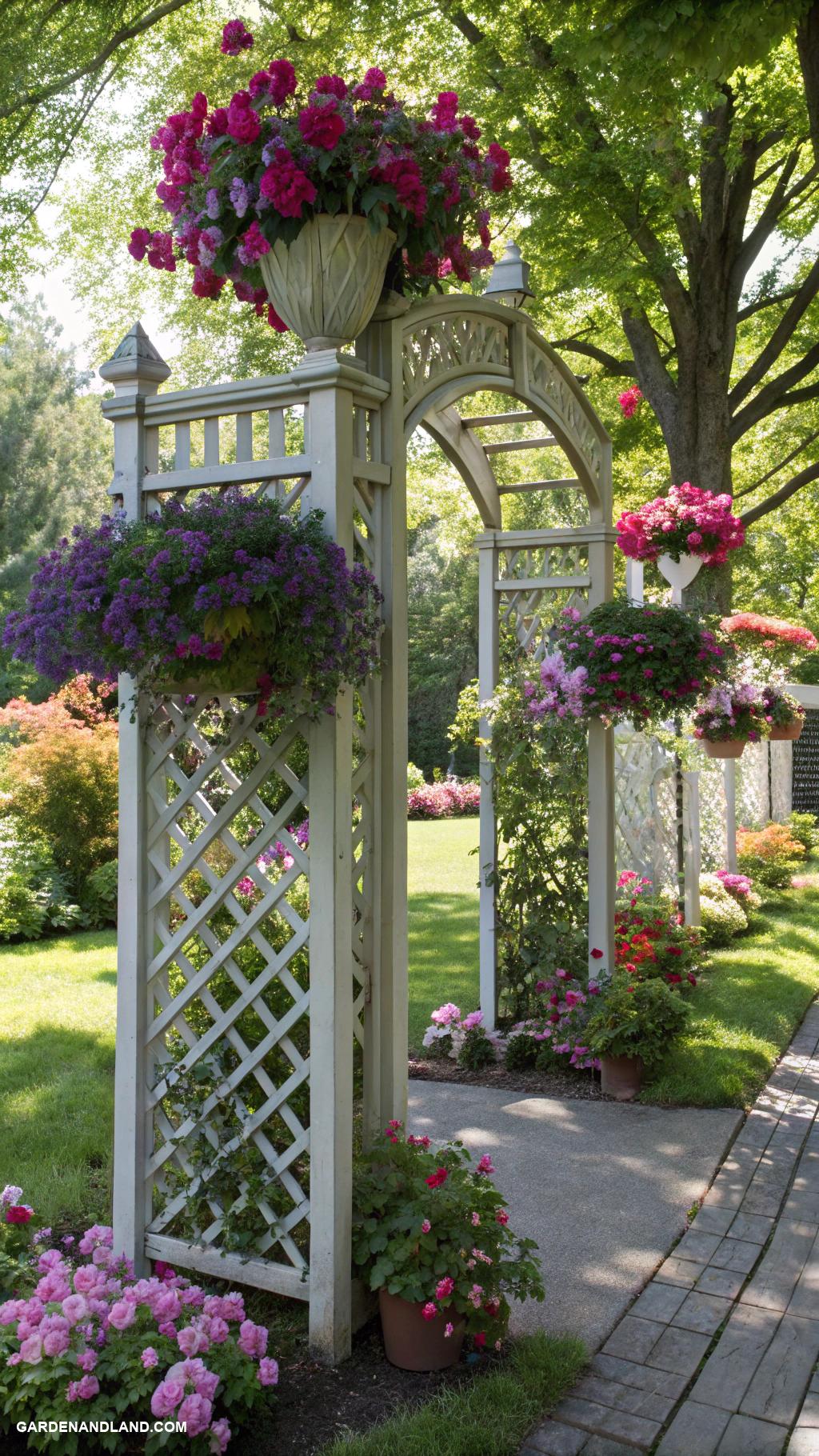 garden gates Lattice gate adorned with hanging planters
