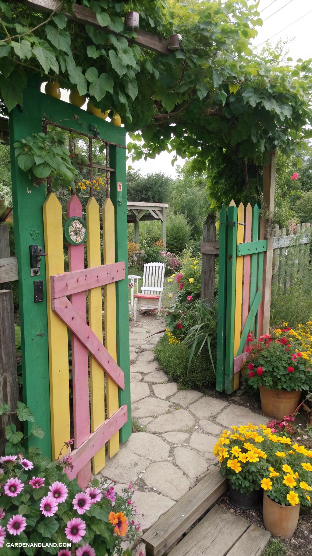 garden gates Recycled pallet gate with vibrant paint