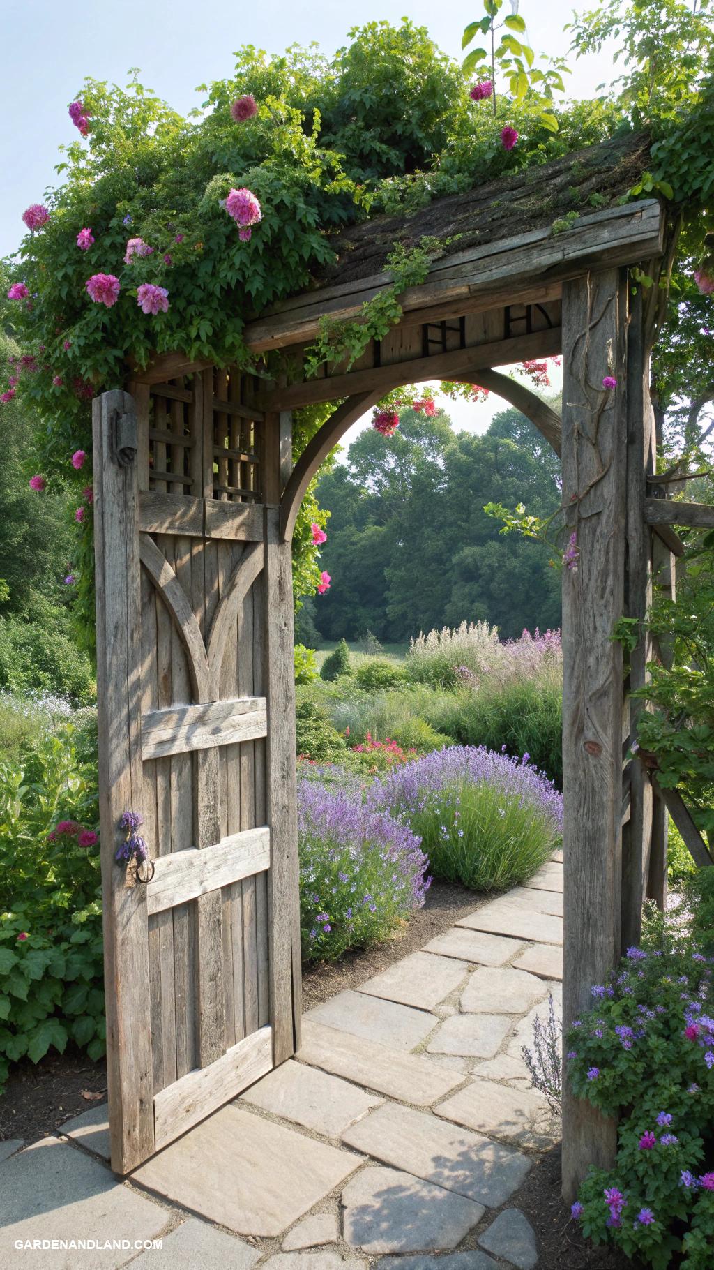 garden gates Rustic wooden archway with climbing vines