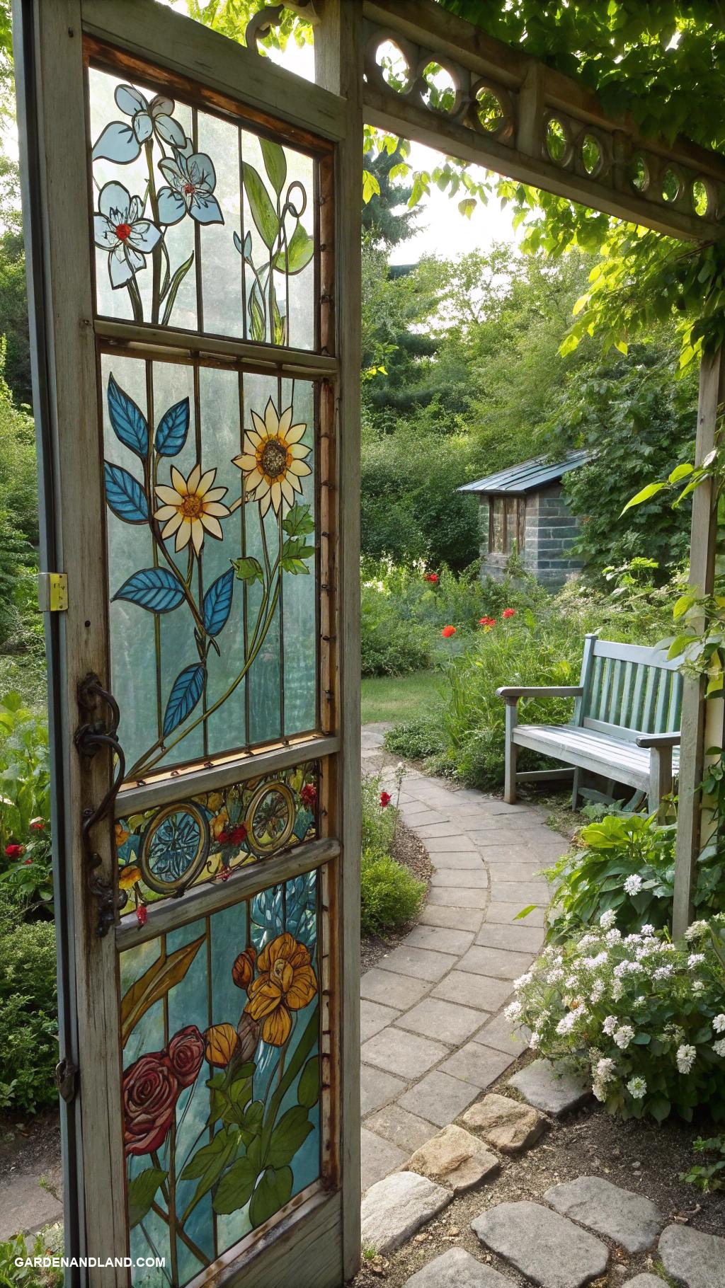 garden gates Salvaged window gate with colorful stained glass