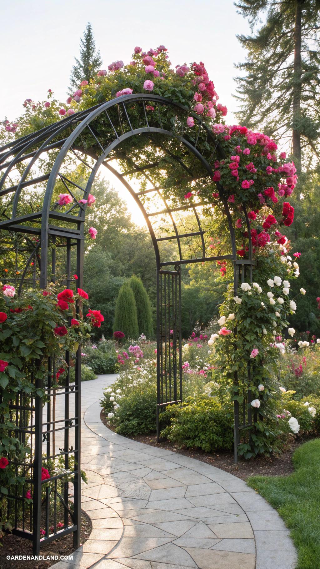 garden pergola ideas Arched metal frame with climbing roses