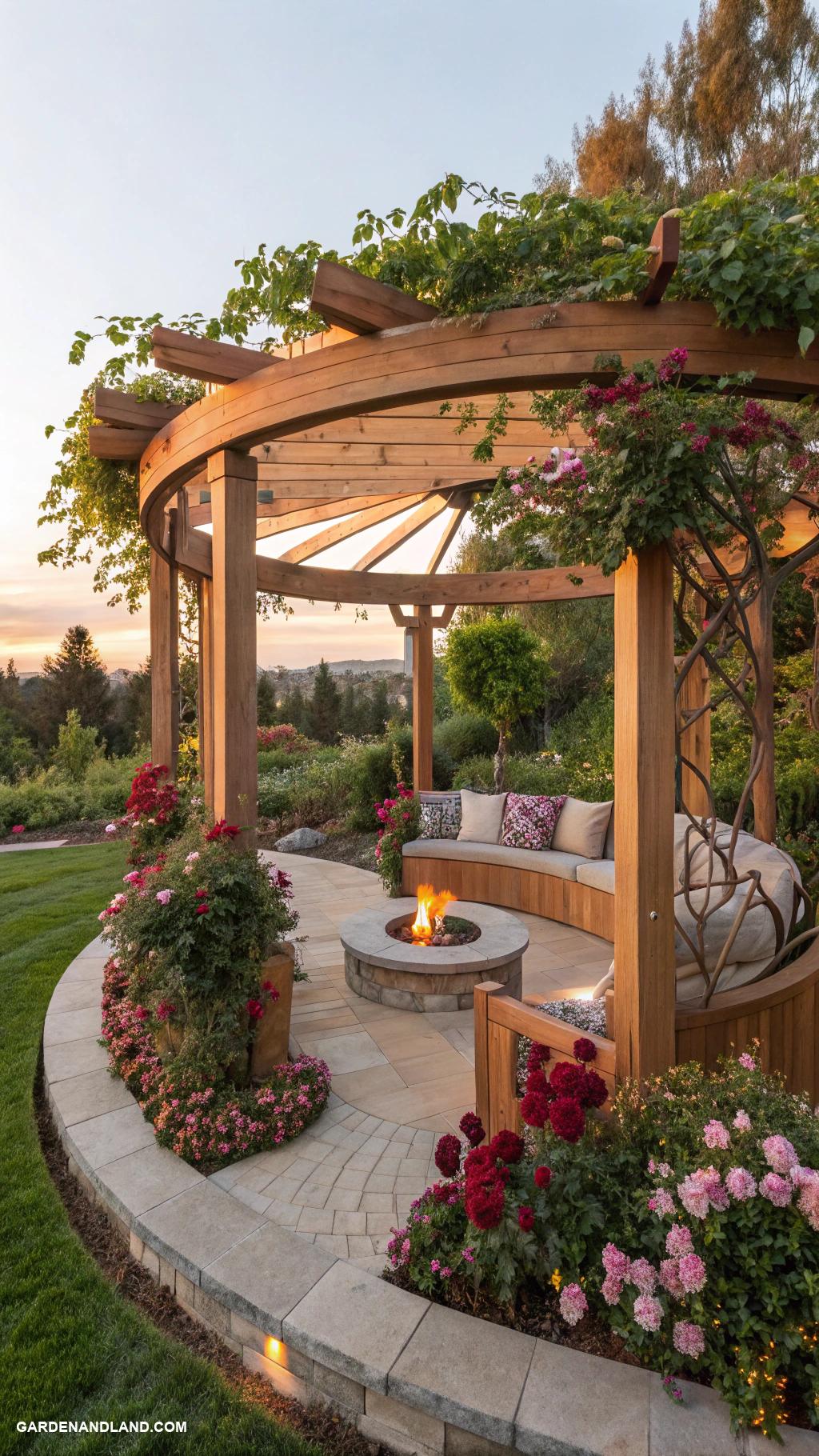 garden pergola ideas Circular pergola with a central fire pit