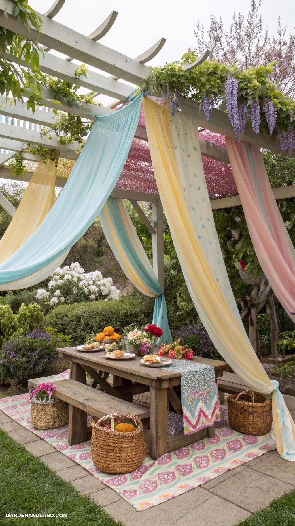 garden pergola ideas Colorful fabric canopy for outdoor gatherings