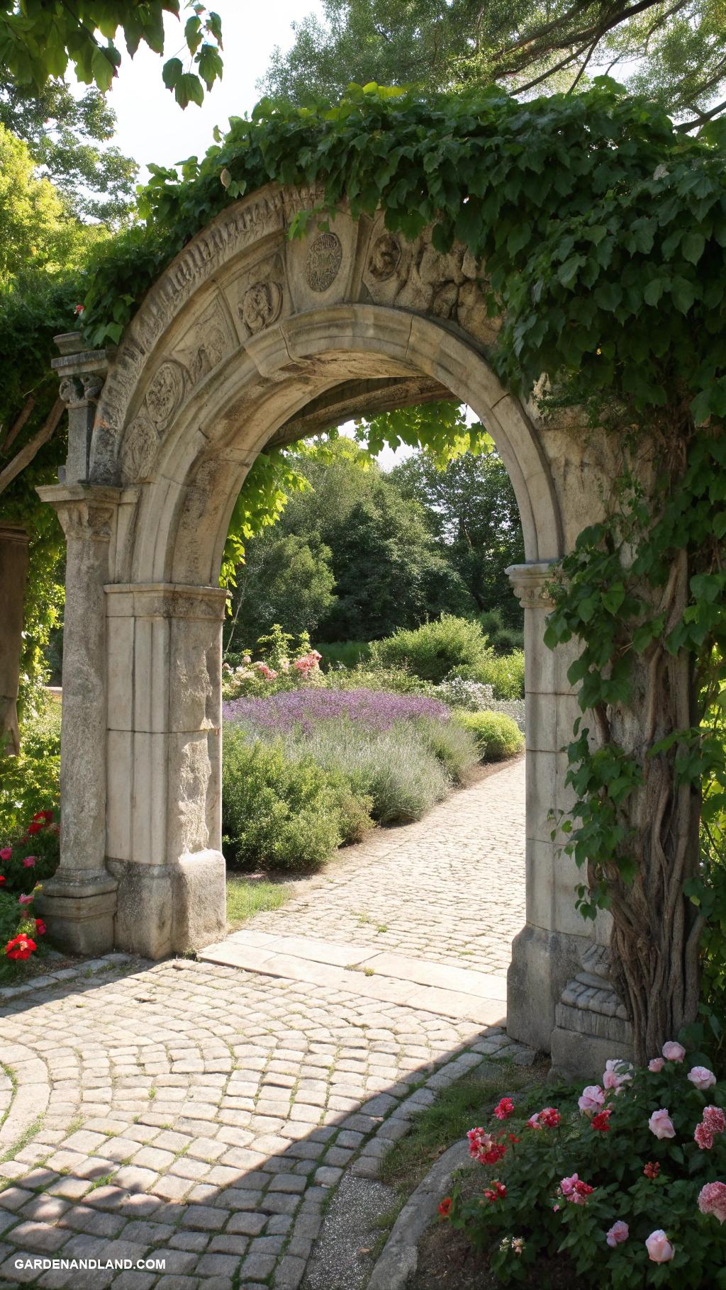 garden pergola ideas Elegant stone archway draped with vines