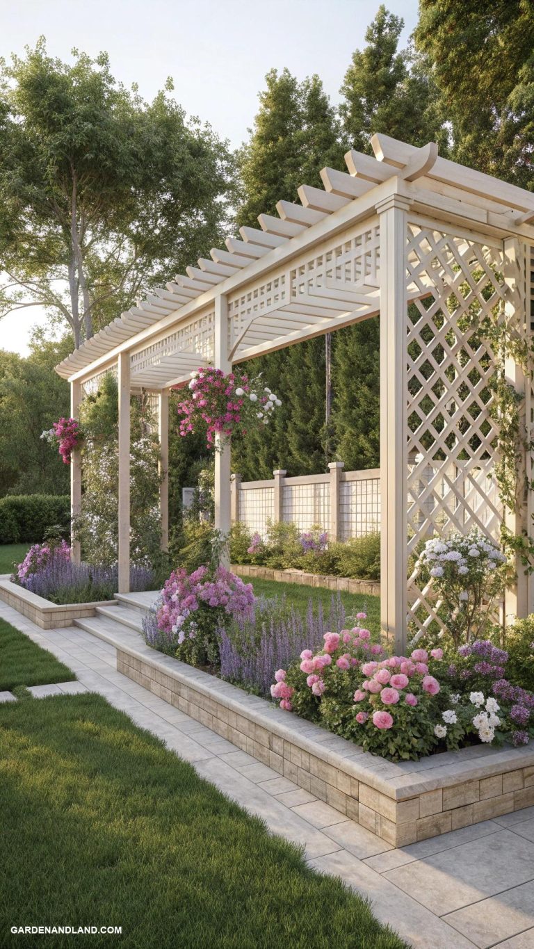 garden pergola ideas Lattice covered minimalistic wooden pergola
