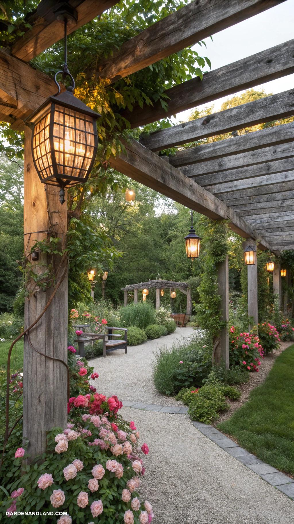 garden pergola ideas Rustic reclaimed wood with hanging lanterns
