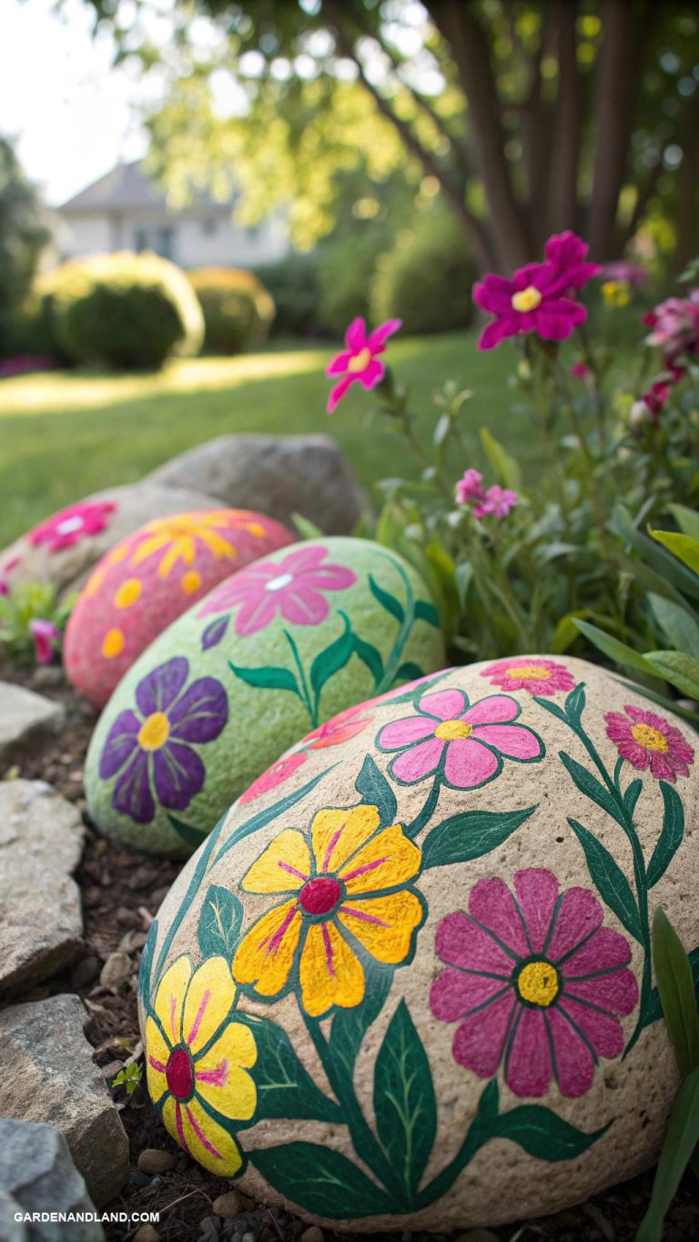 garden rock art Colorful rock flowers arranged in clusters
