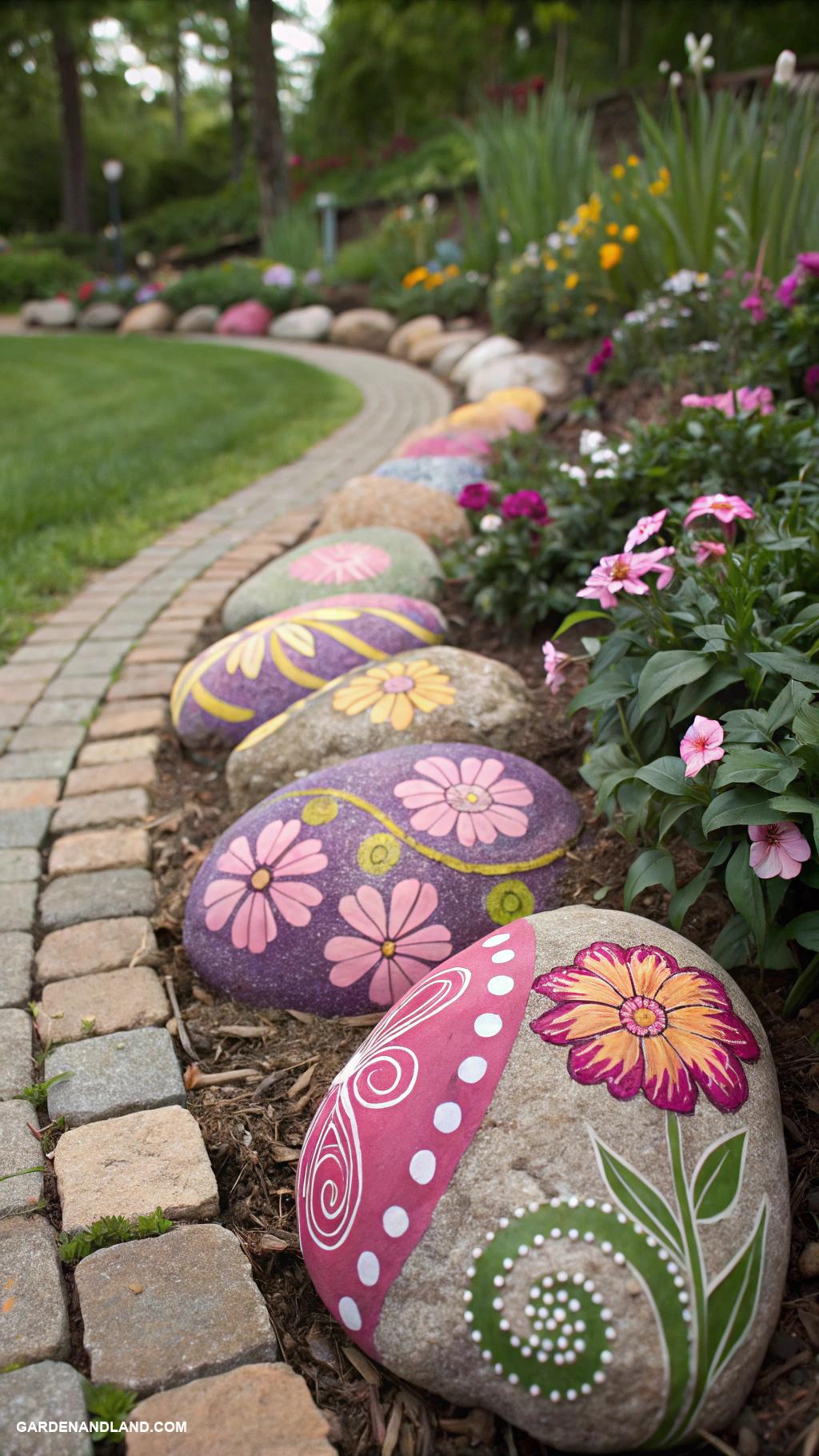 garden rock art Decorative borders using painted rock patterns