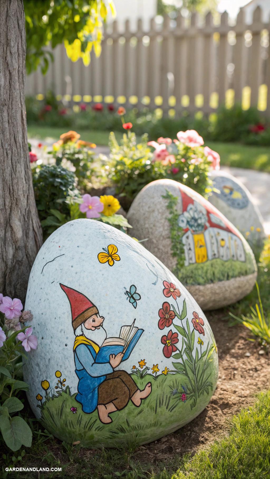 garden rock art Garden gnomes painted on large stones