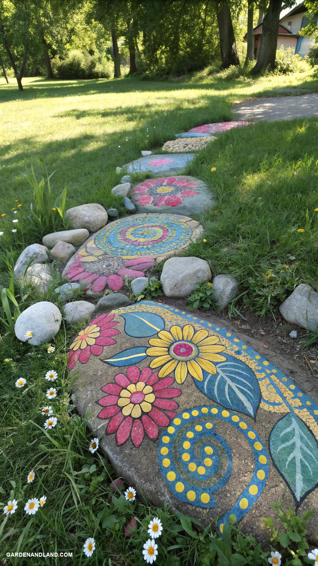 garden rock art Rock mosaics forming vibrant garden designs