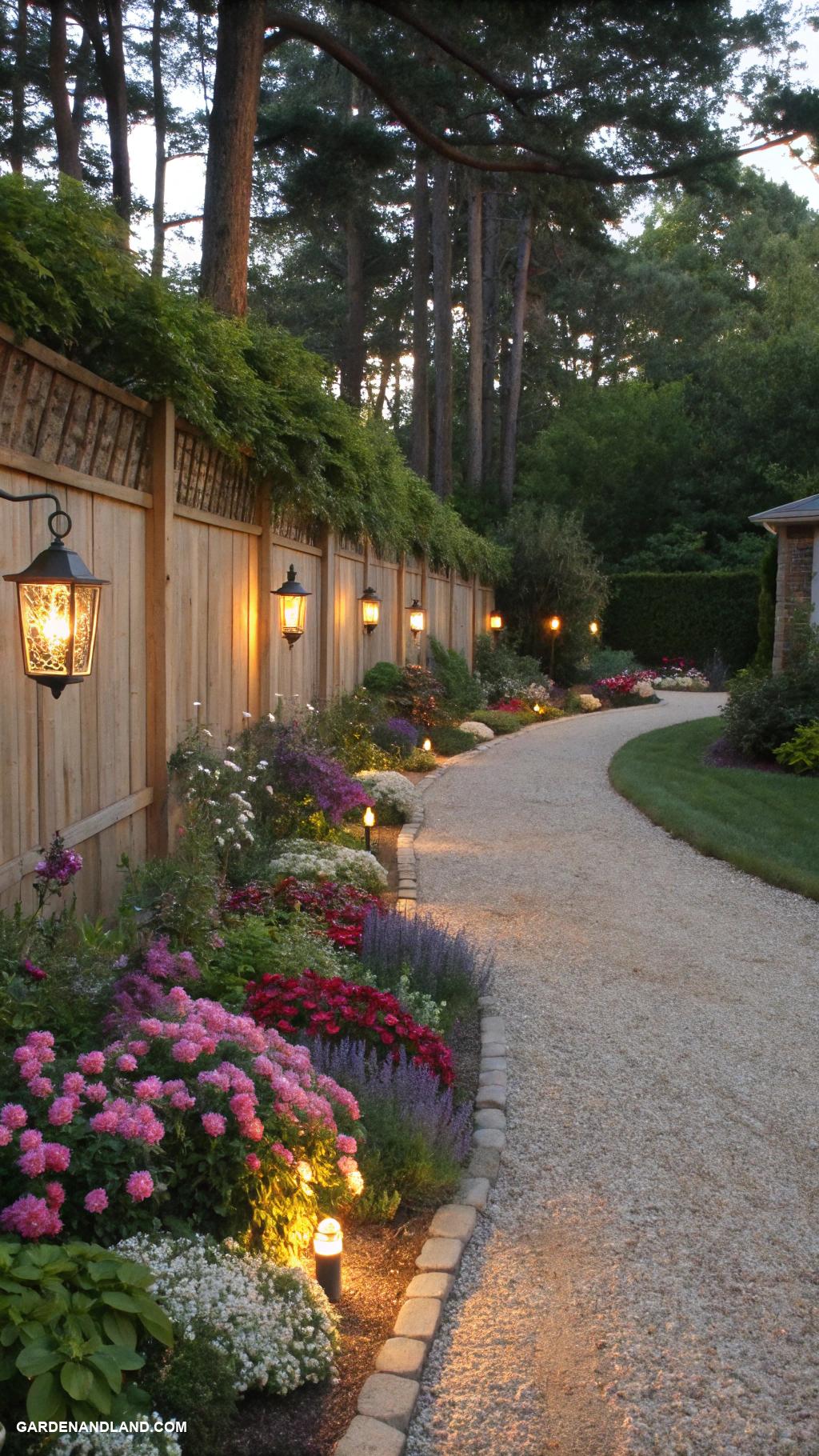 gravel driveway ideas Add lighting for evening ambiance