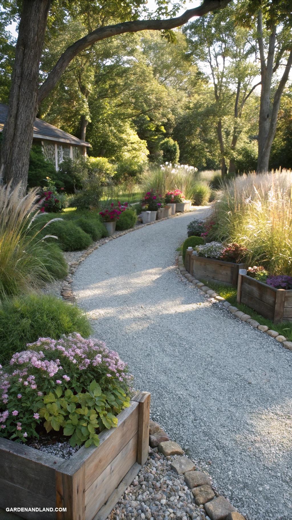 gravel driveway ideas Include ground cover plants between gravel stones