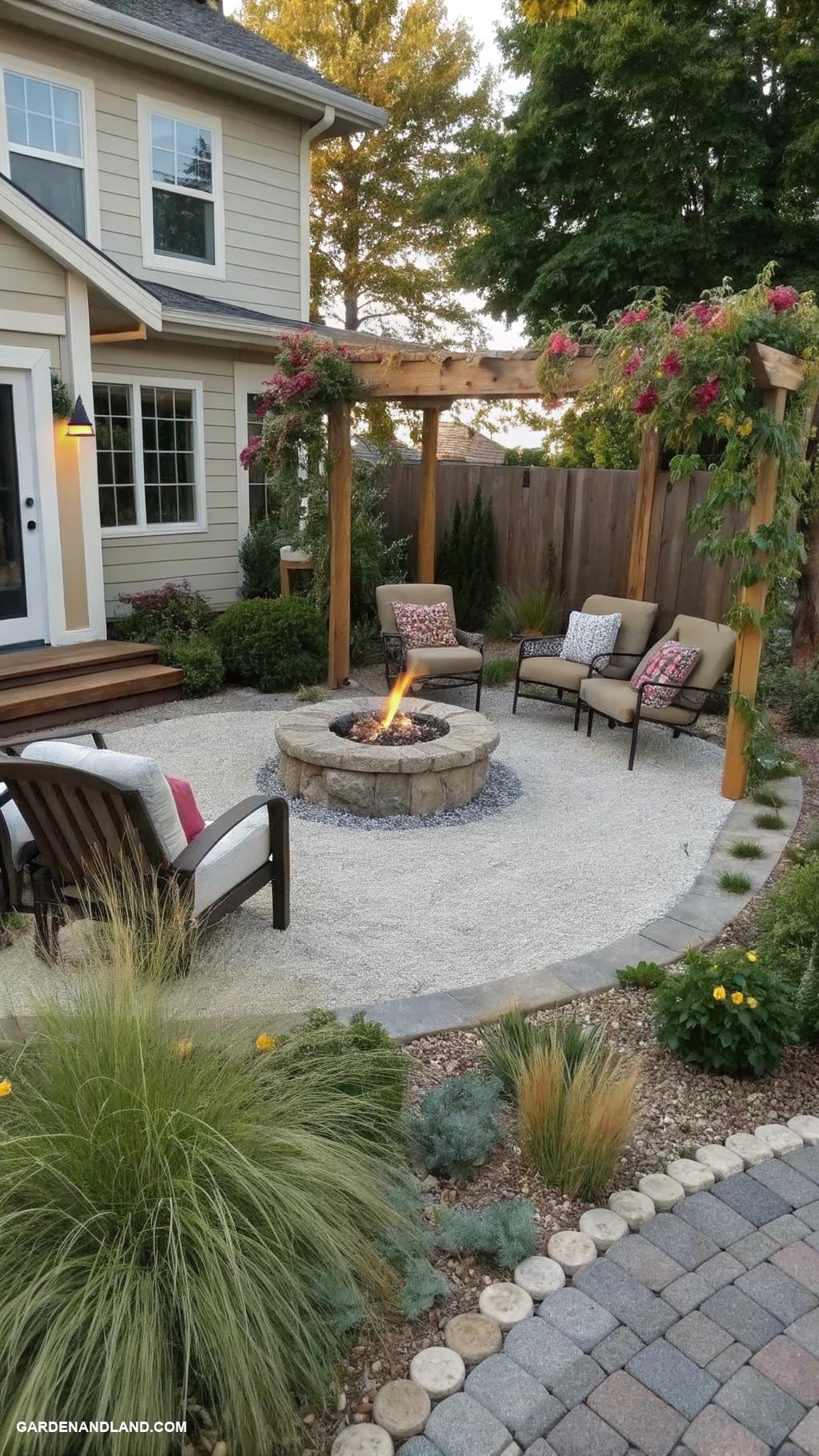 gravel pathway along house Circular gravel patio with firepit center