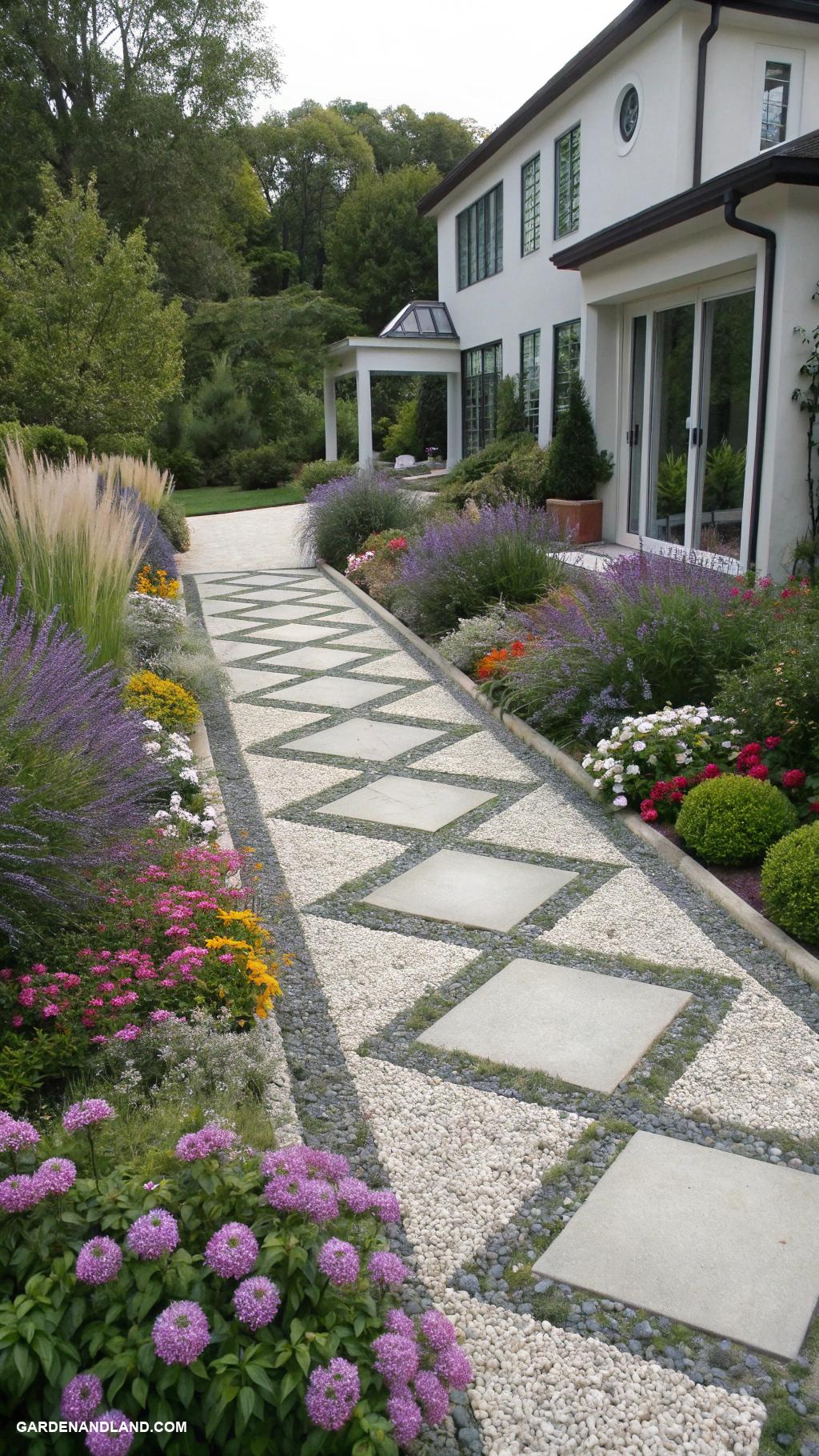 gravel pathway along house Geometric gravel patterns for modern look