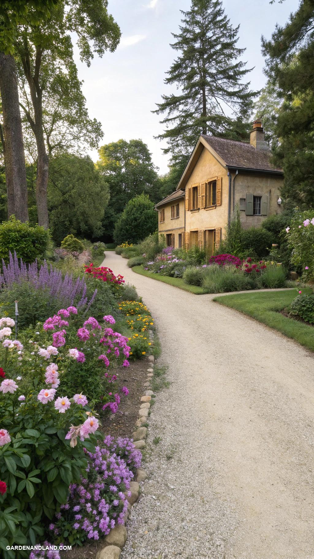 gravel pathway along house Gravel bordered by perennial flower beds