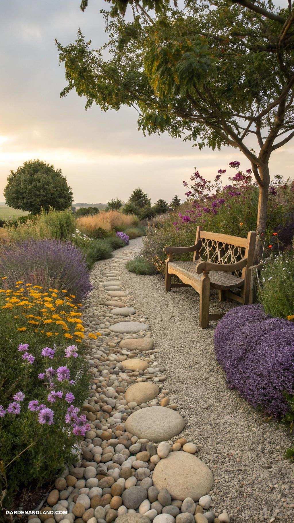 gravel pathway along house Gravel leading to a serene garden bench