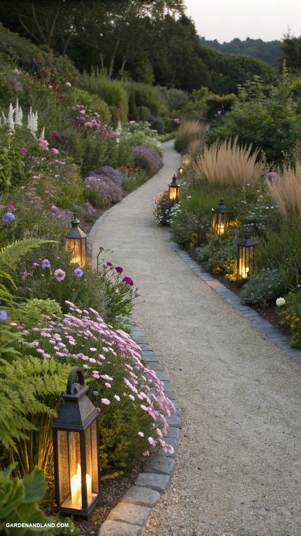 gravel pathway along house Narrow gravel path lined with lanterns