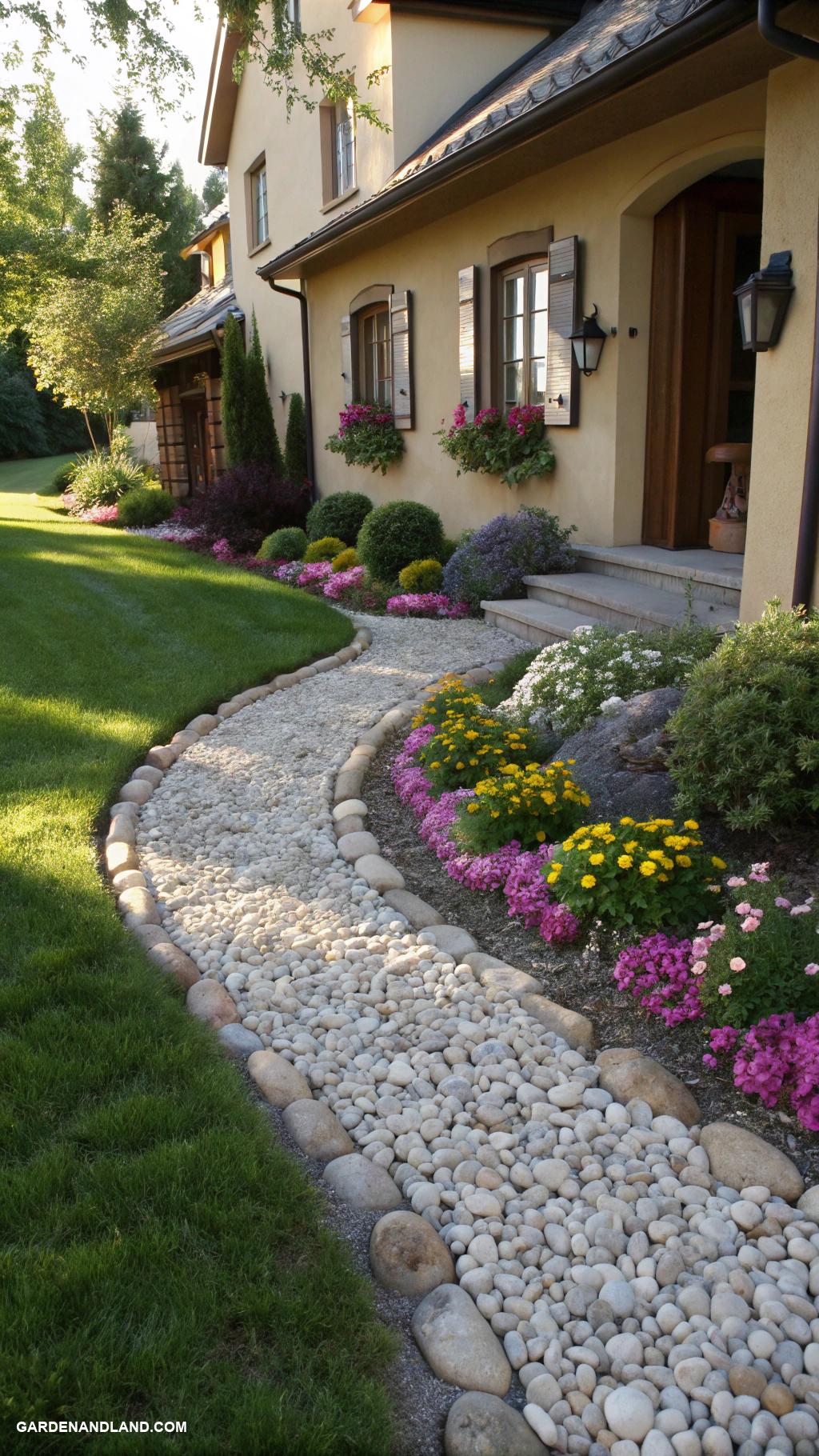 gravel pathway along house Sculpted gravel pathway with natural stones