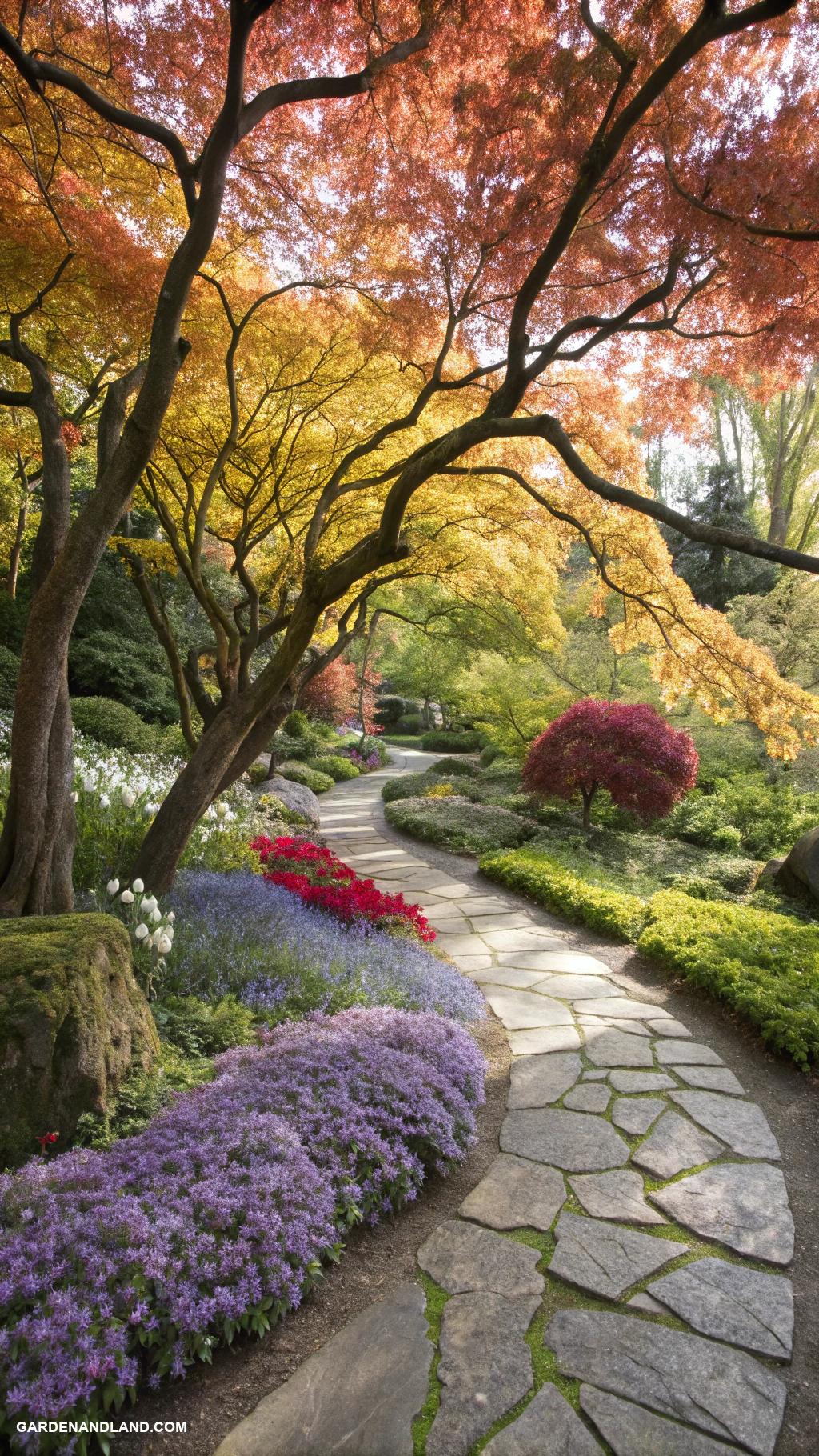 japanese maple tree landscaping Colorful ground cover beneath maple trees