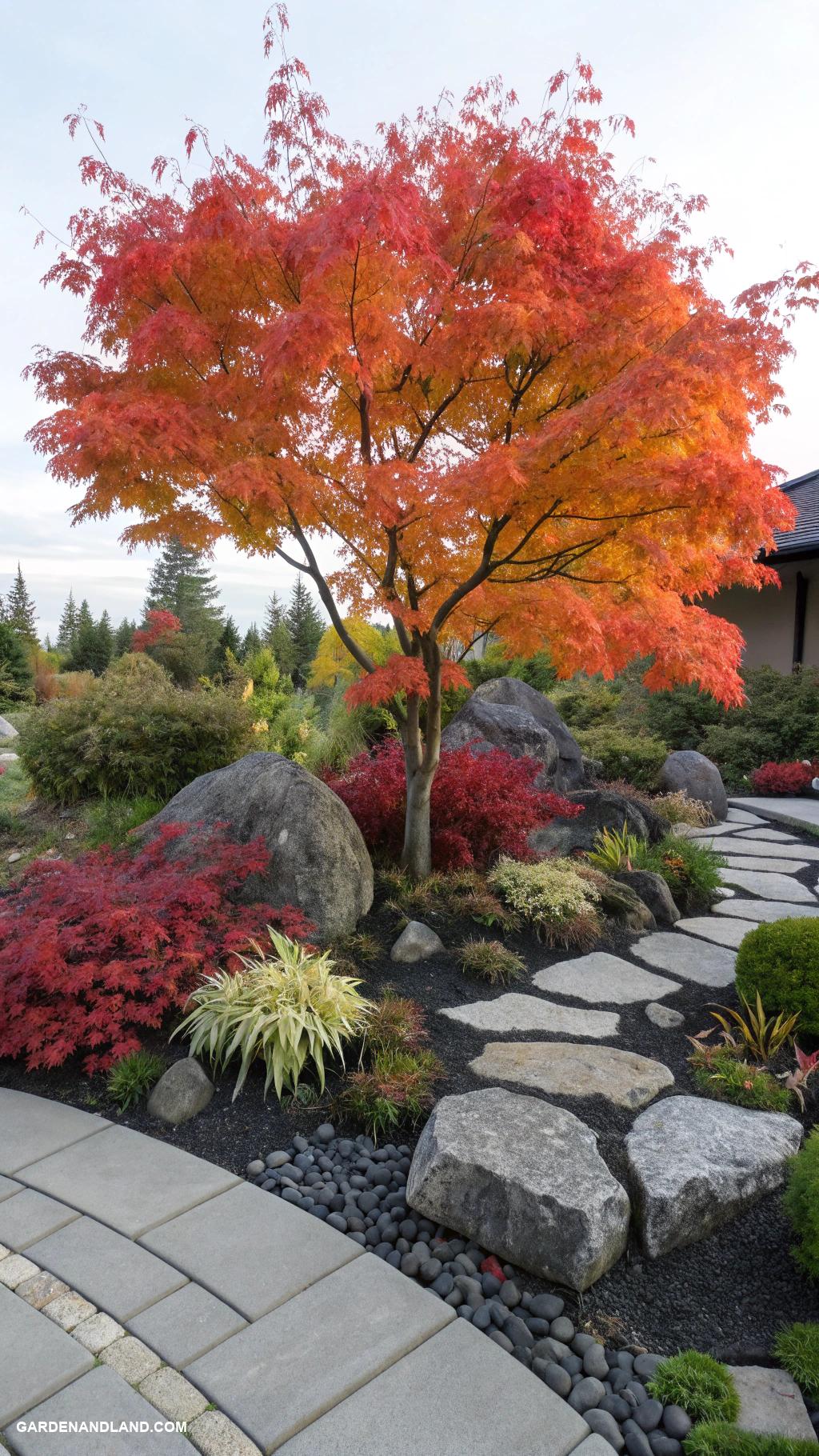 japanese maple tree landscaping Contrast colorful foliage with dark stones