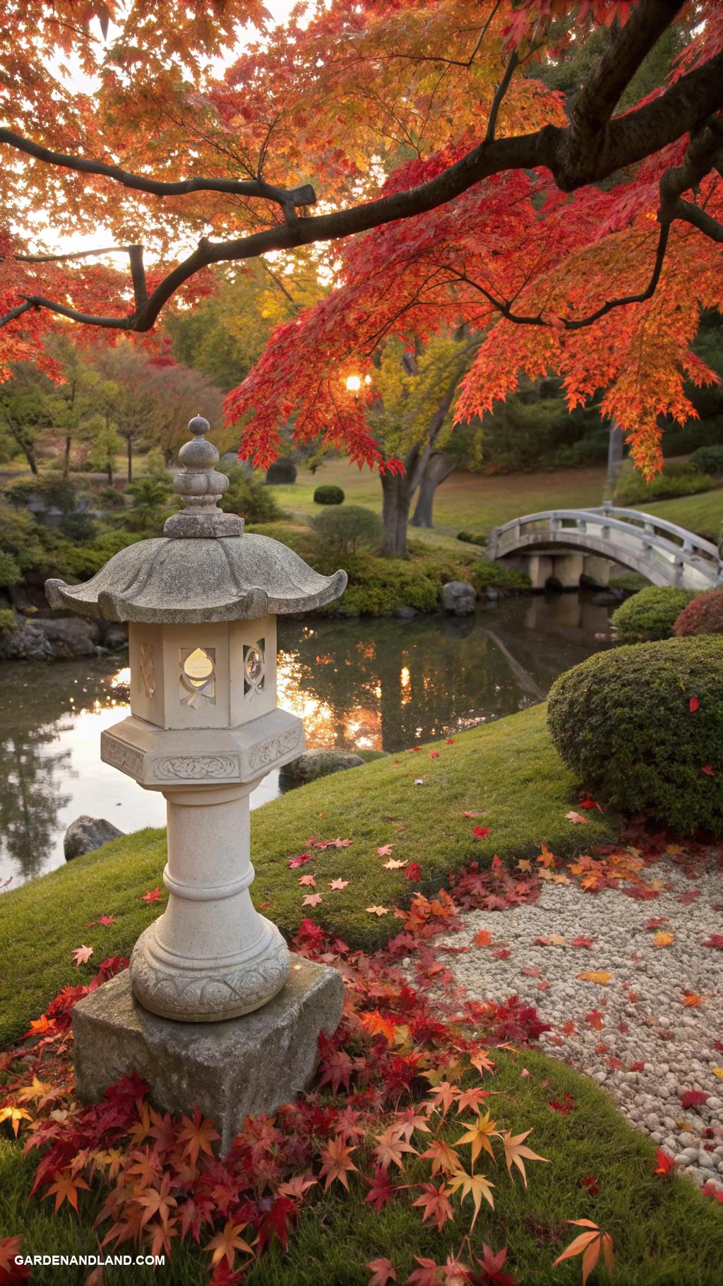 japanese maple tree landscaping Japanese lanterns beneath vibrant maples