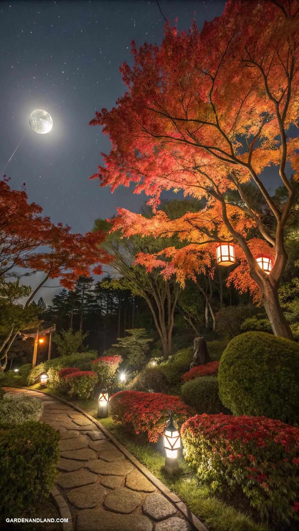 japanese maple tree landscaping Moonlight garden with illuminated maples