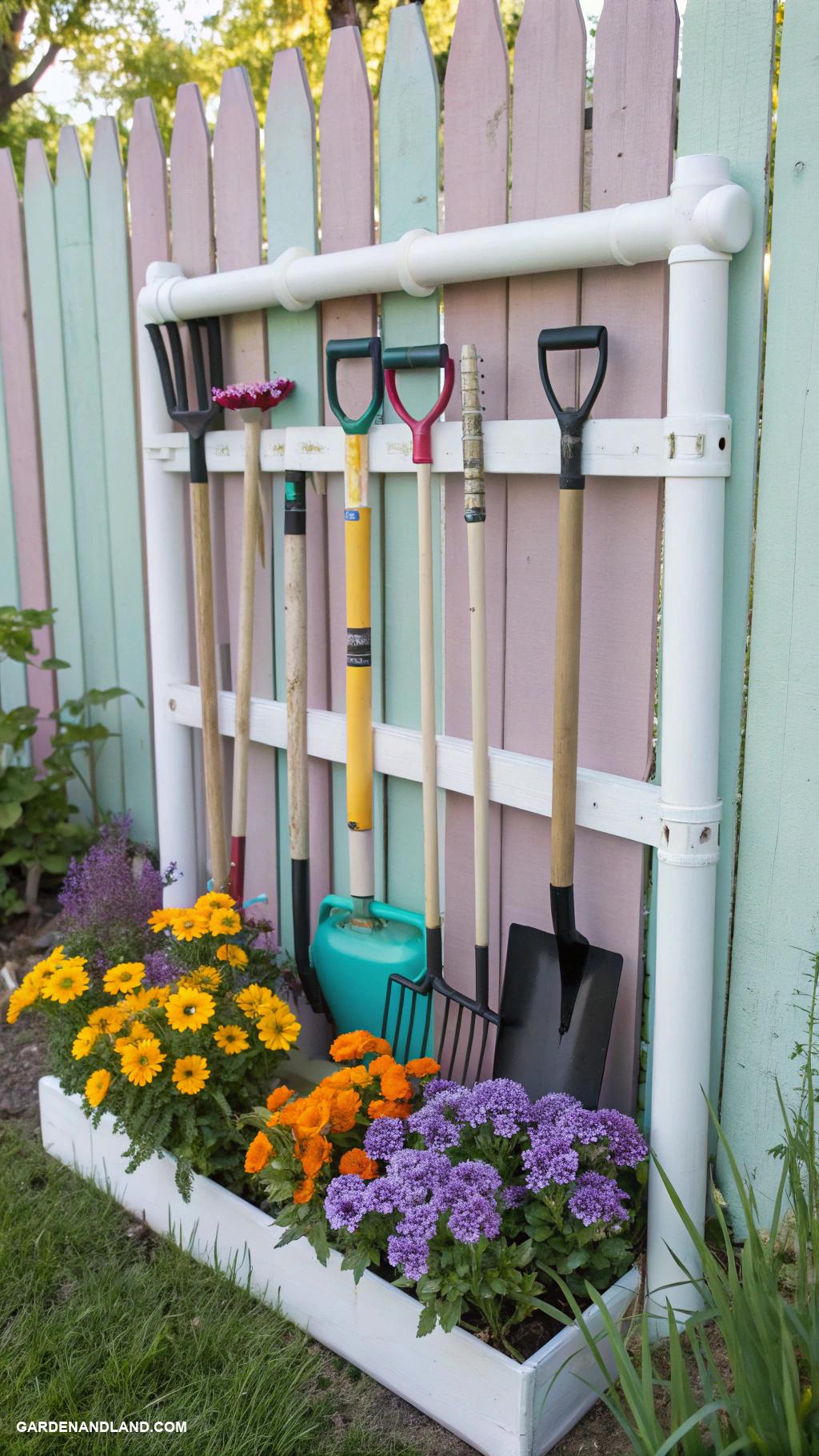 landscaping tools organization ideas PVC pipe holder for long handled tools