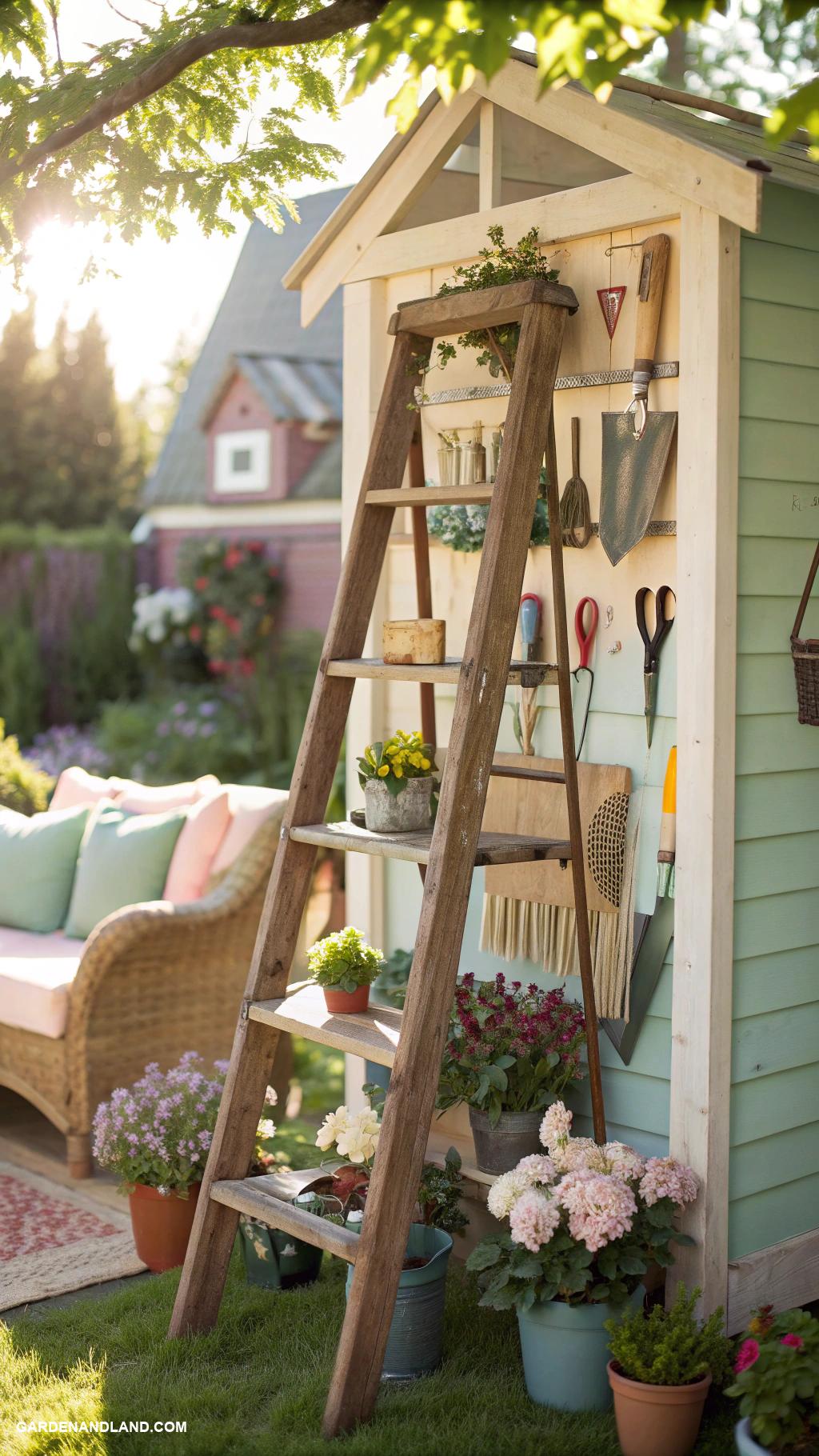 landscaping tools organization ideas Repurposed ladder as tool rack