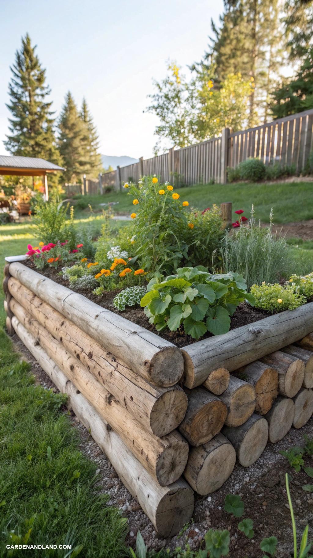 raised garden beds Stacked logs for rustic charm