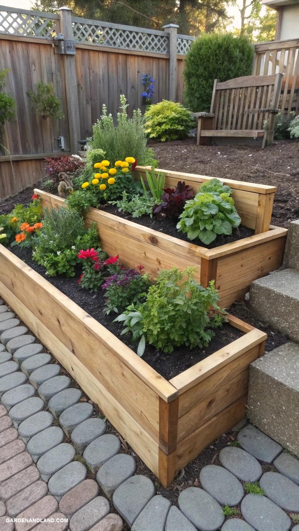 raised garden beds Tiered wooden planter boxes