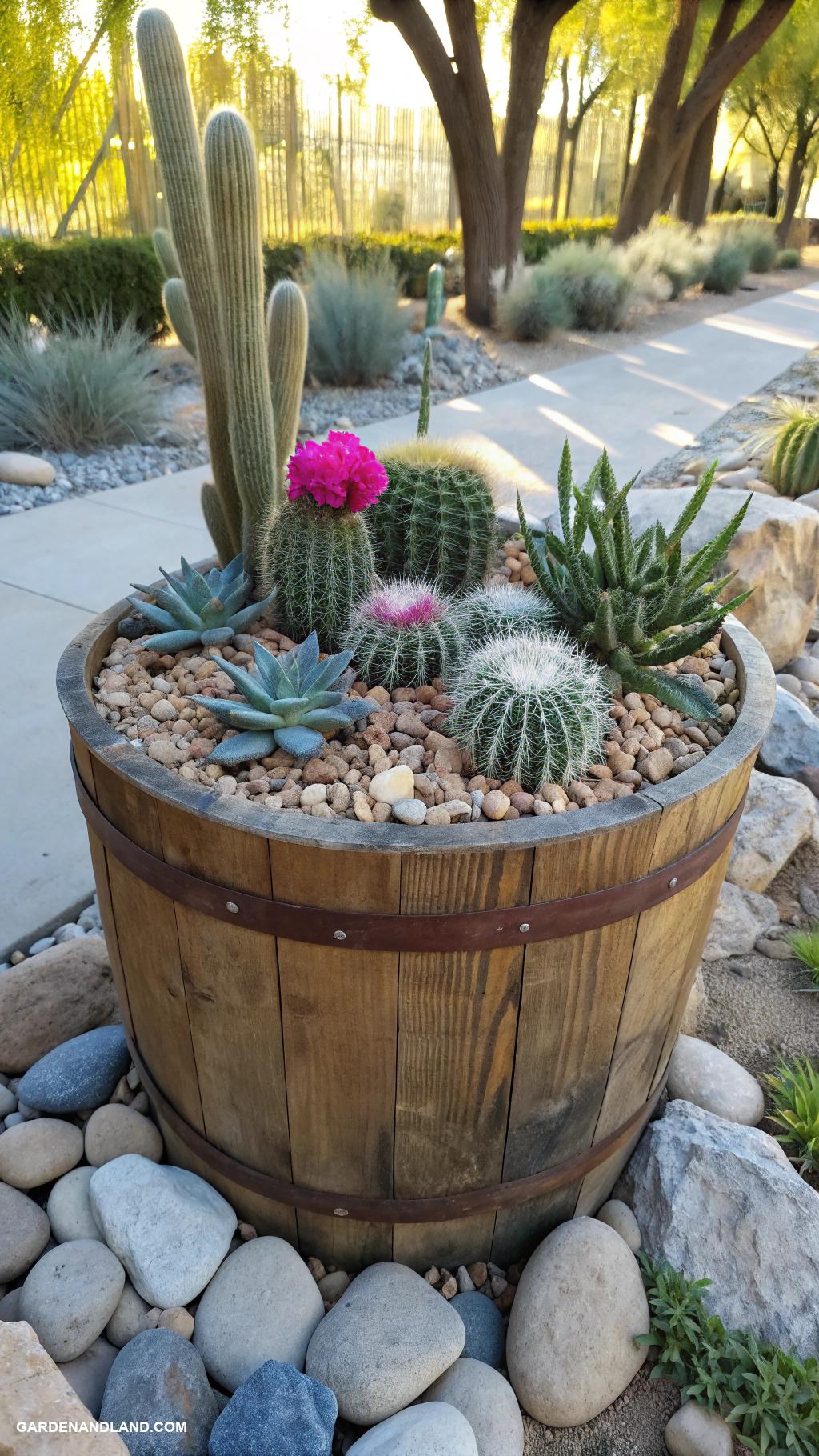rock garden ideas Cactus arrangement in a wooden barrel