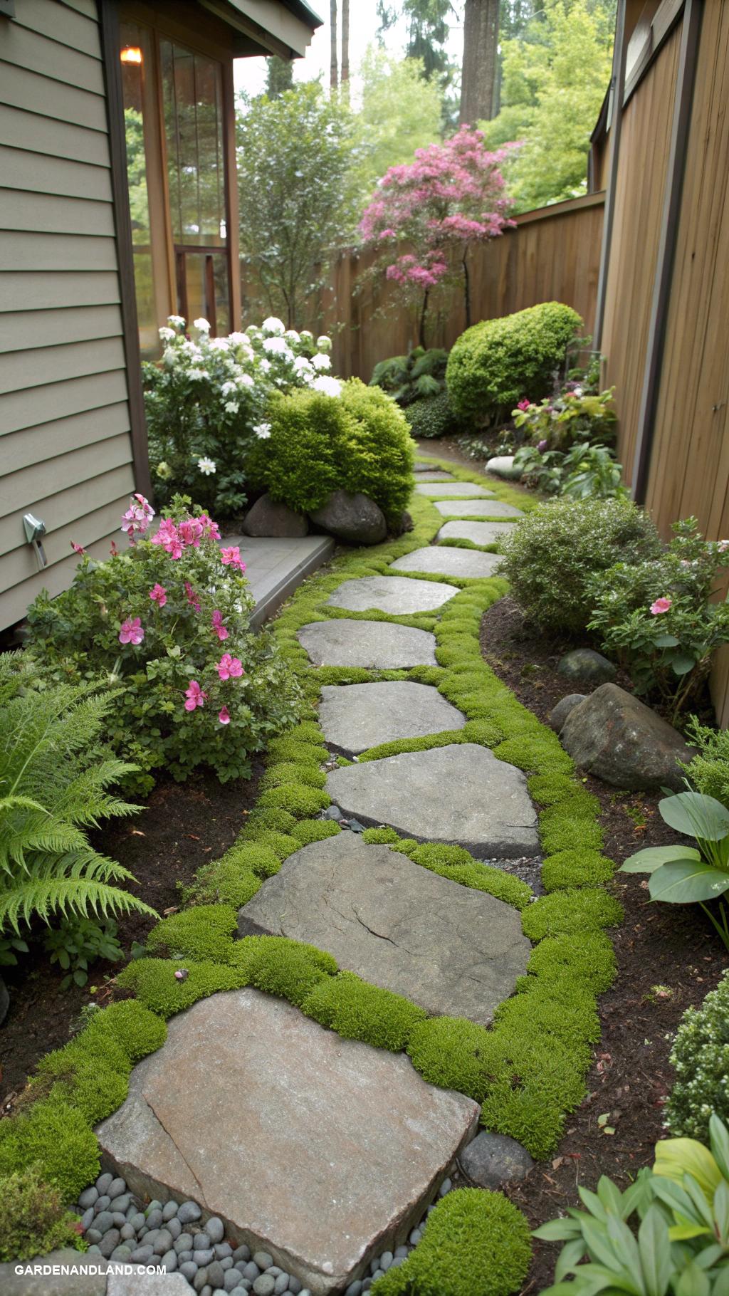 small backyard ideas Pathway of stepping stones with moss