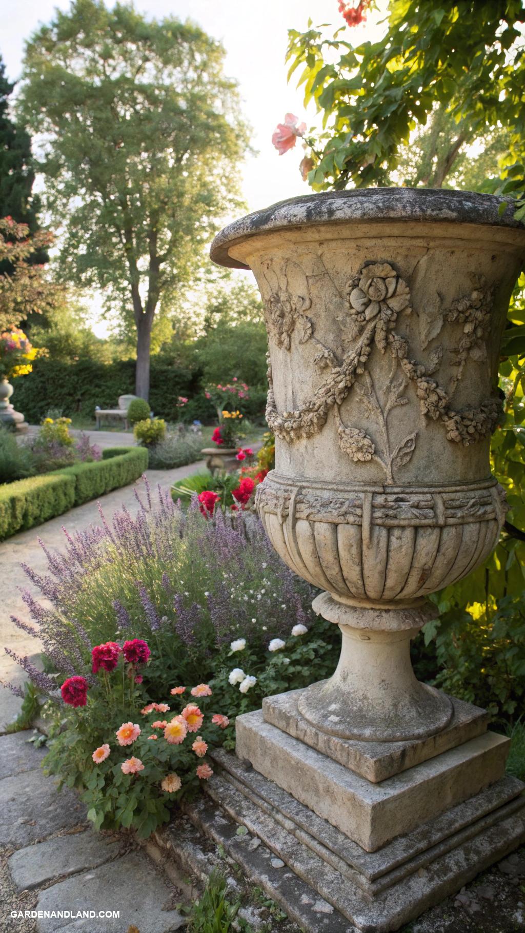 traditional garden urns Ancient stone replica with weathered finish