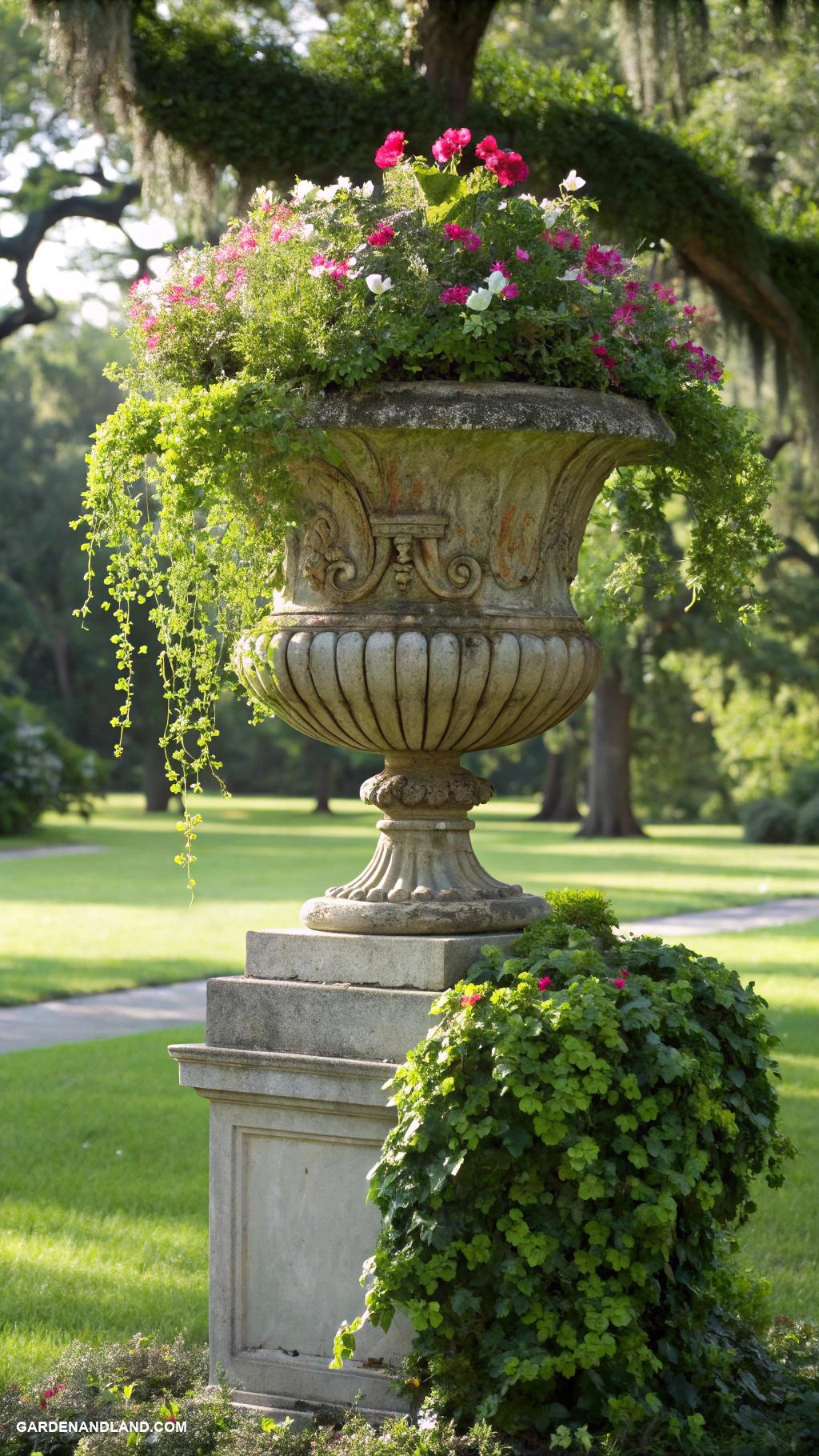 traditional garden urns Hanging urns with cascading floral displays