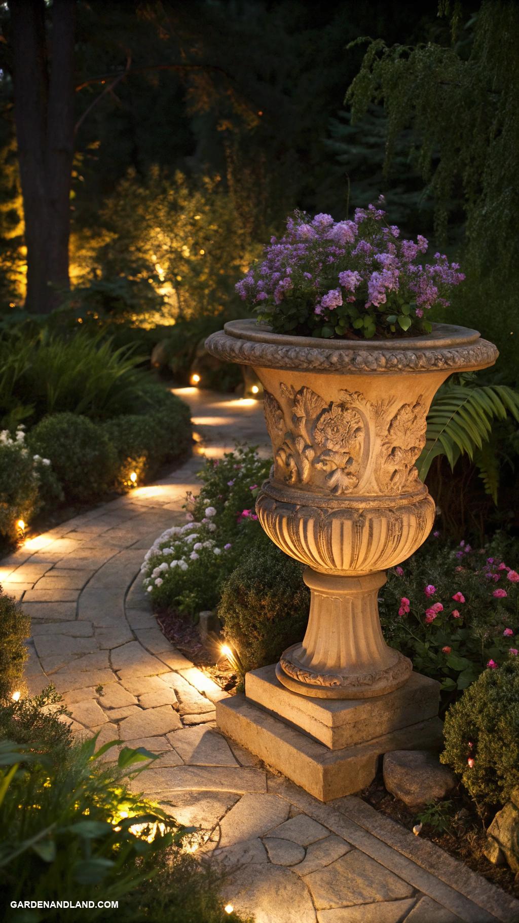 traditional garden urns Illuminated urns for nighttime garden ambiance