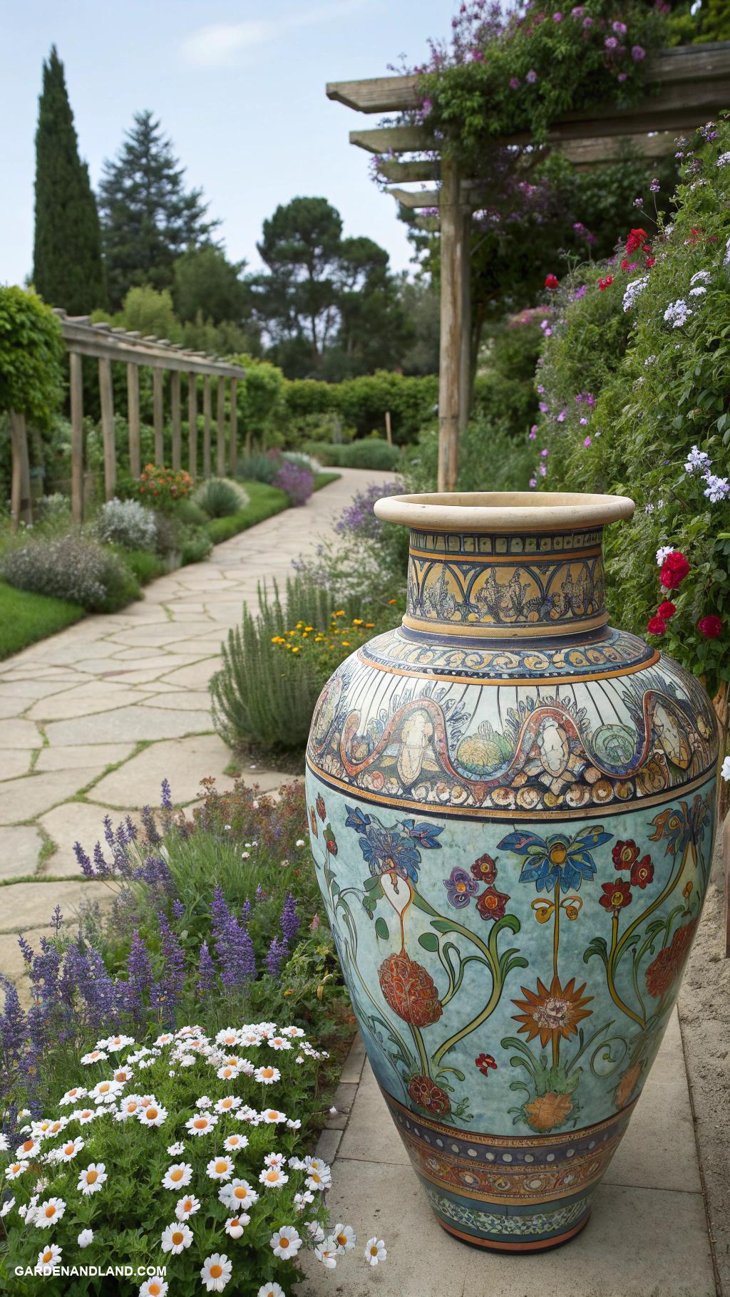 traditional garden urns Mosaic tiled urns with intricate designs