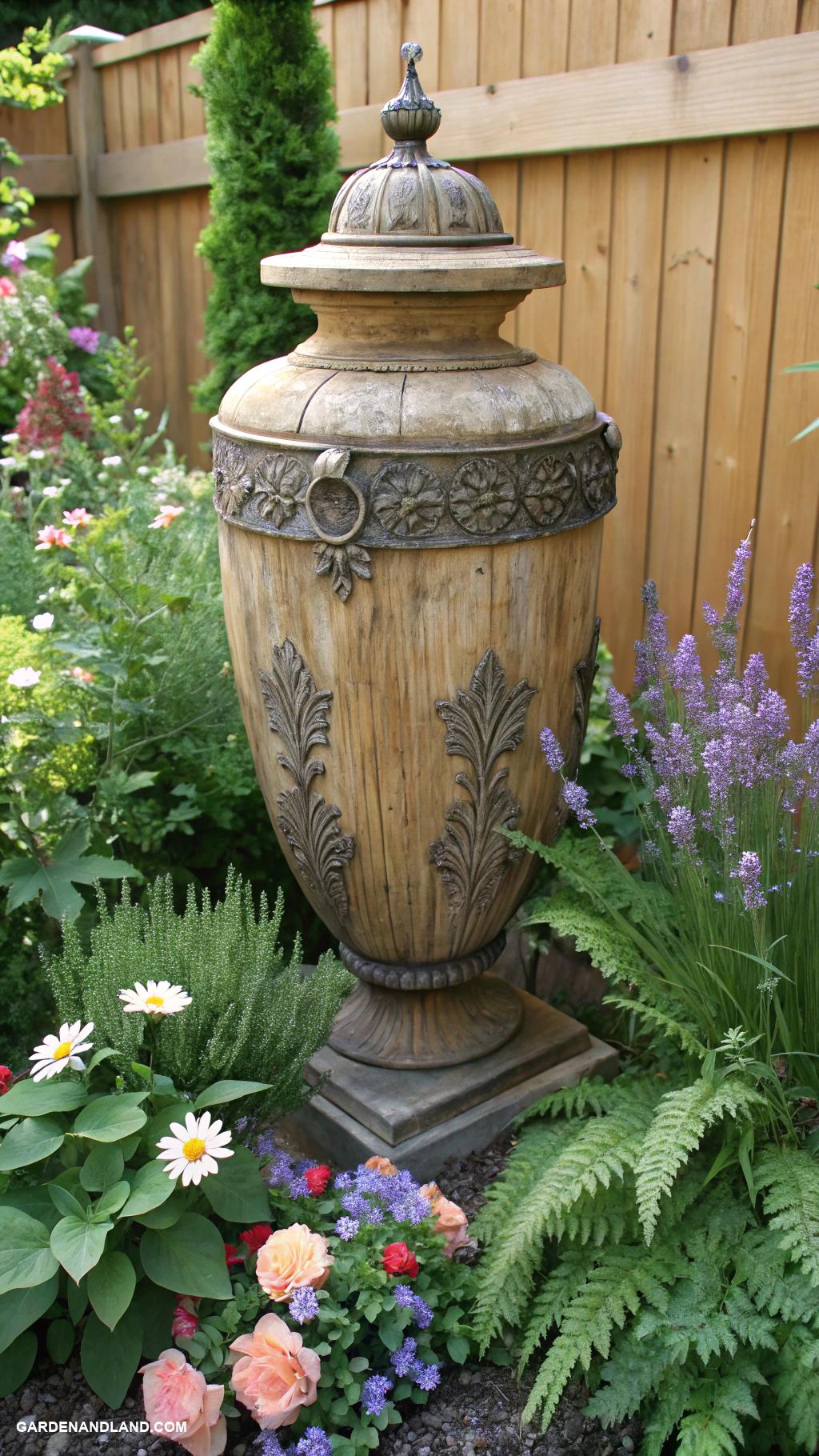 traditional garden urns Rustic wooden urns with metal accents