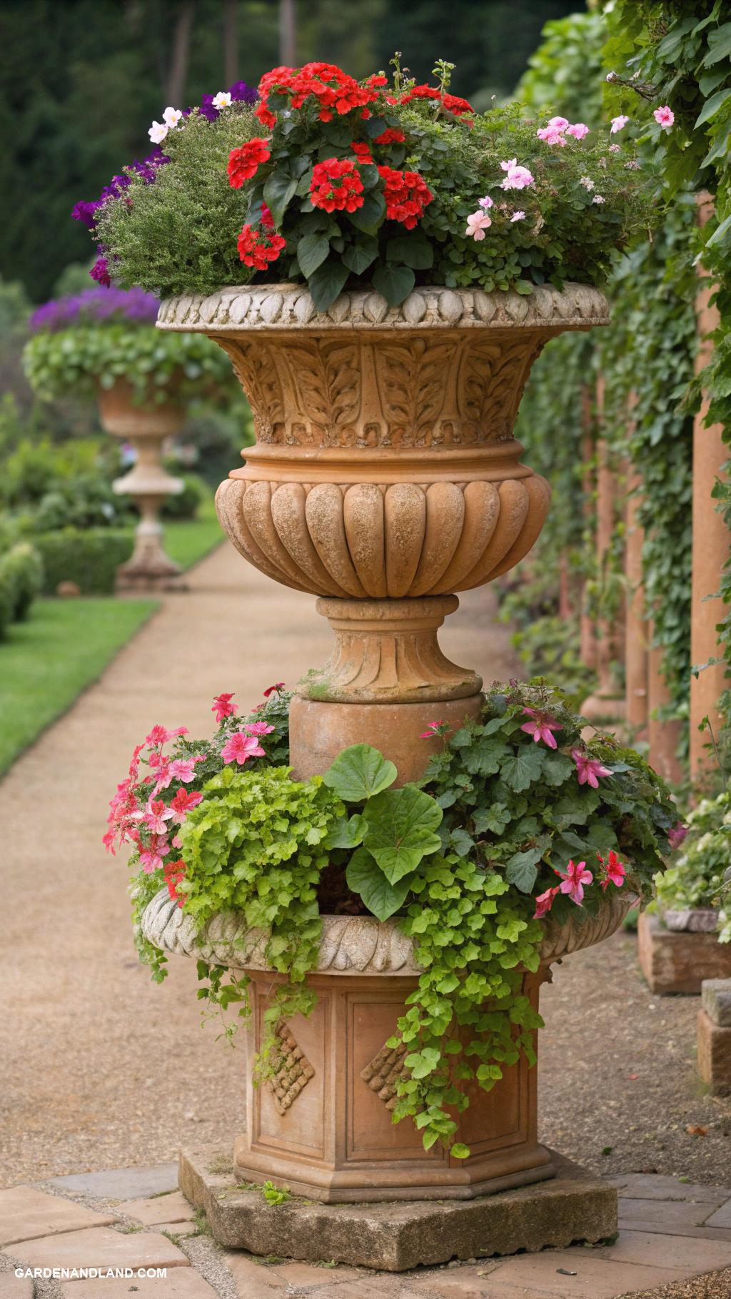 traditional garden urns Tiered urns for vertical garden arrangements