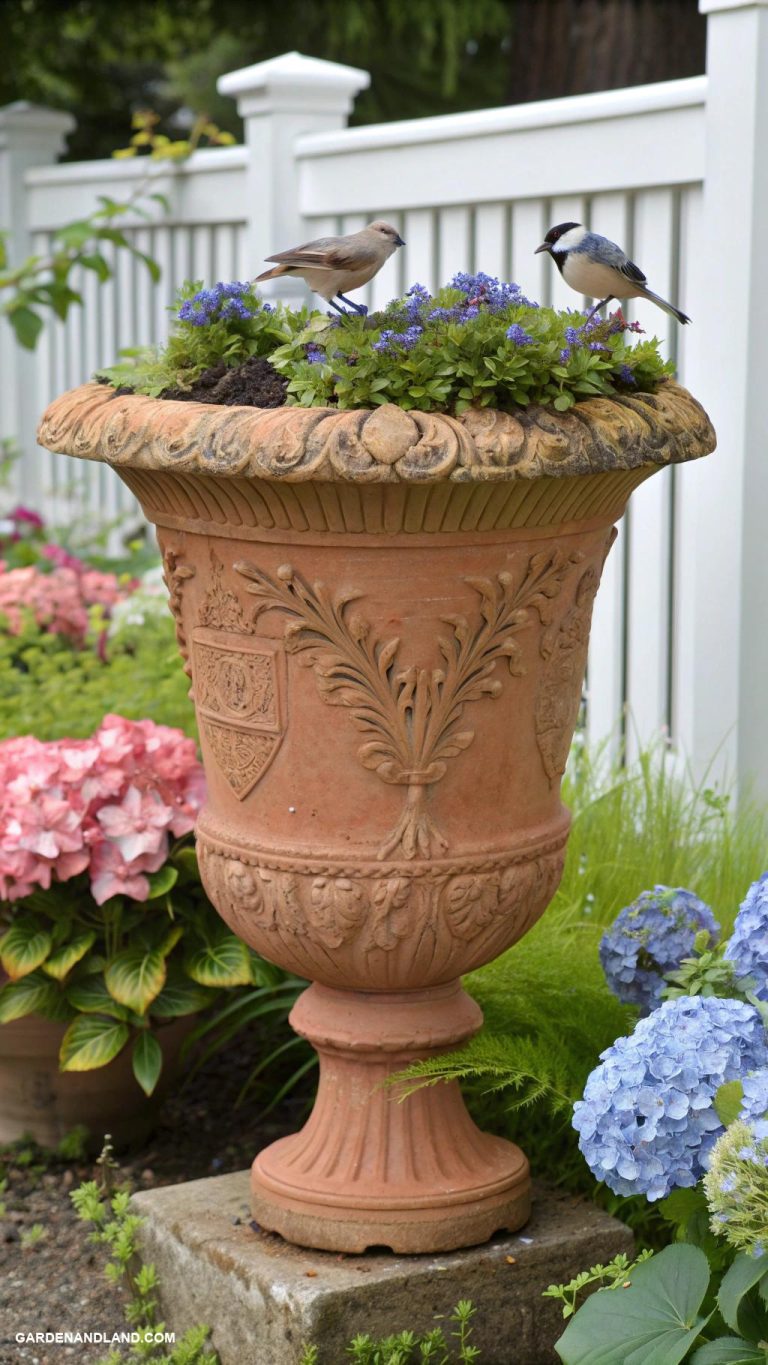 traditional garden urns Urns with built in bird feeders