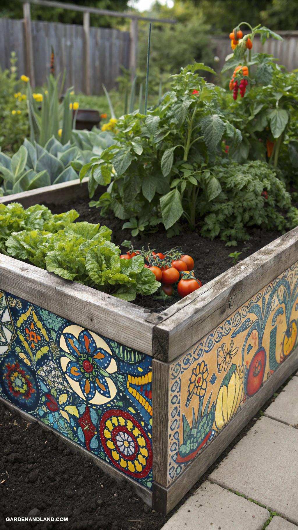 vegetable garden ideas Raised beds with colorful mosaic designs