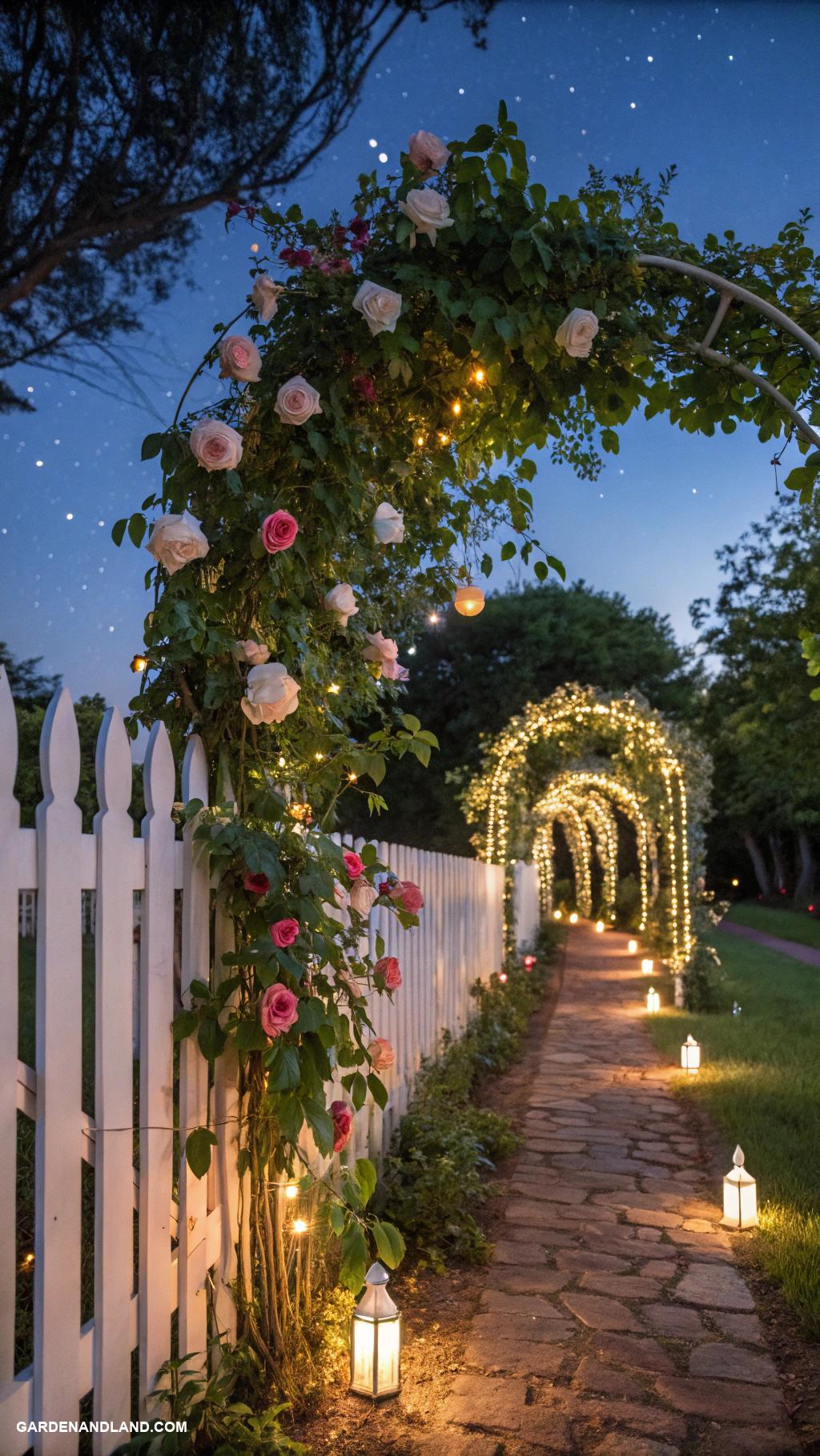 white fence ideas Colorful fairy lights strung for ambiance